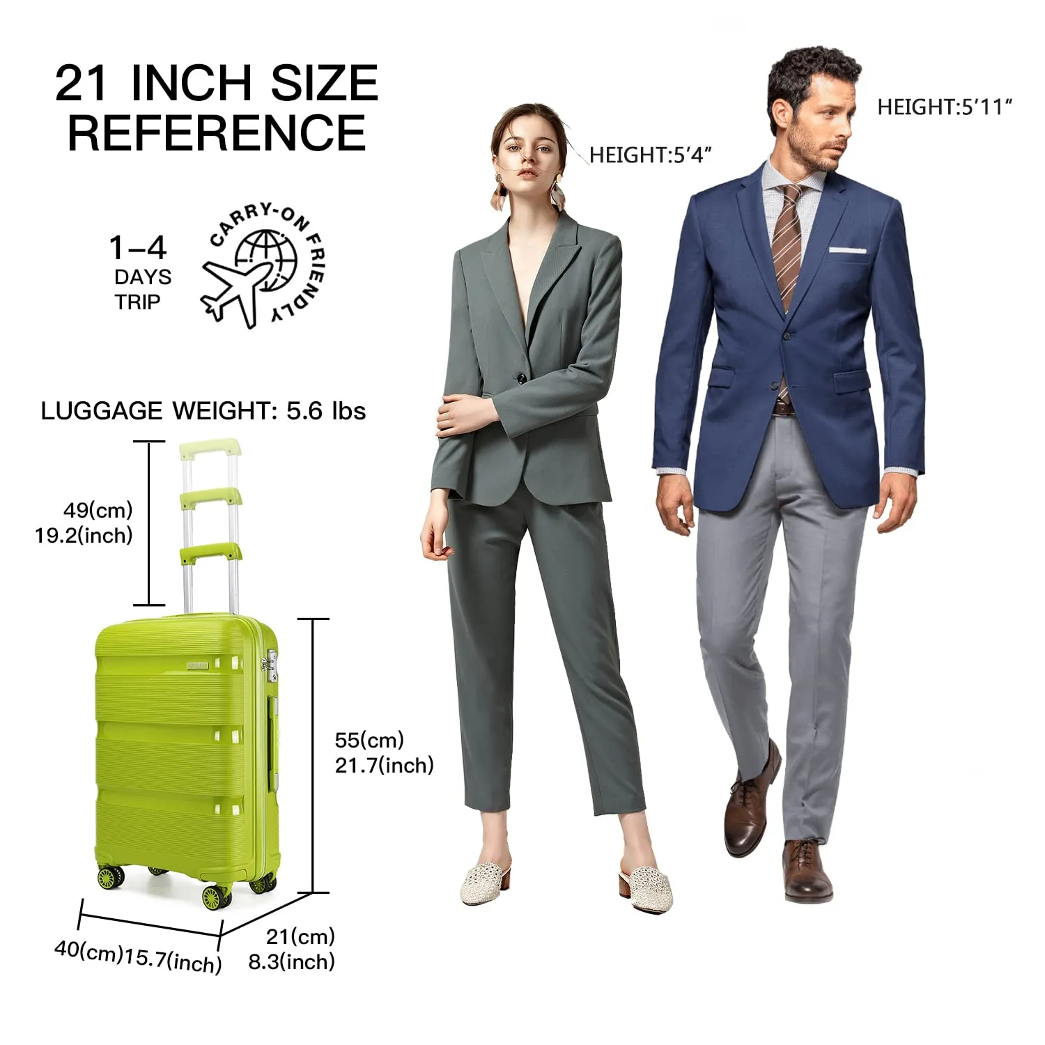 Kono Trolley Bagaglio a Mano 55cm 40L Verde rigido TSA