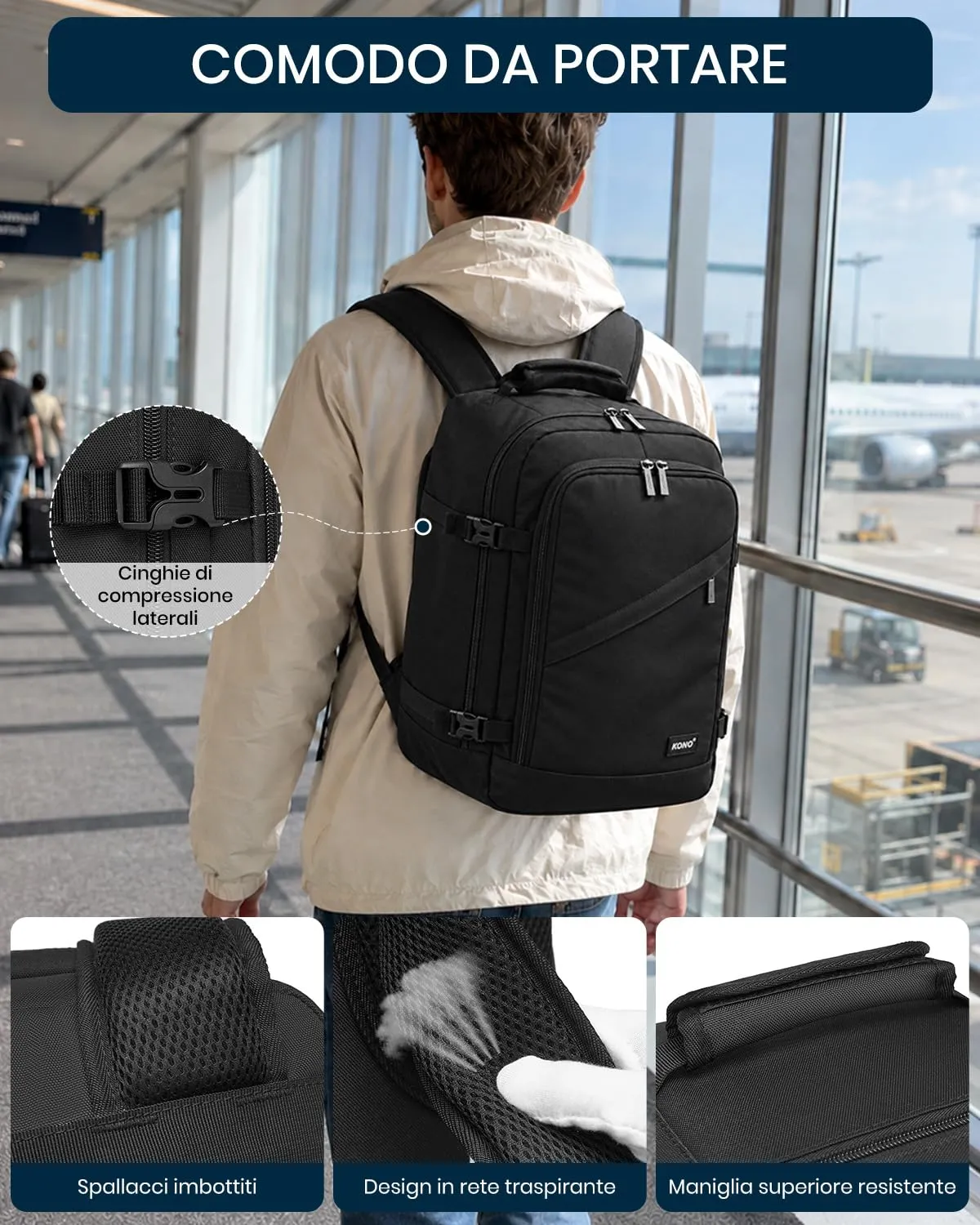 Kono Ryanair 40x20x25 zaino bagaglio mano nero 20L