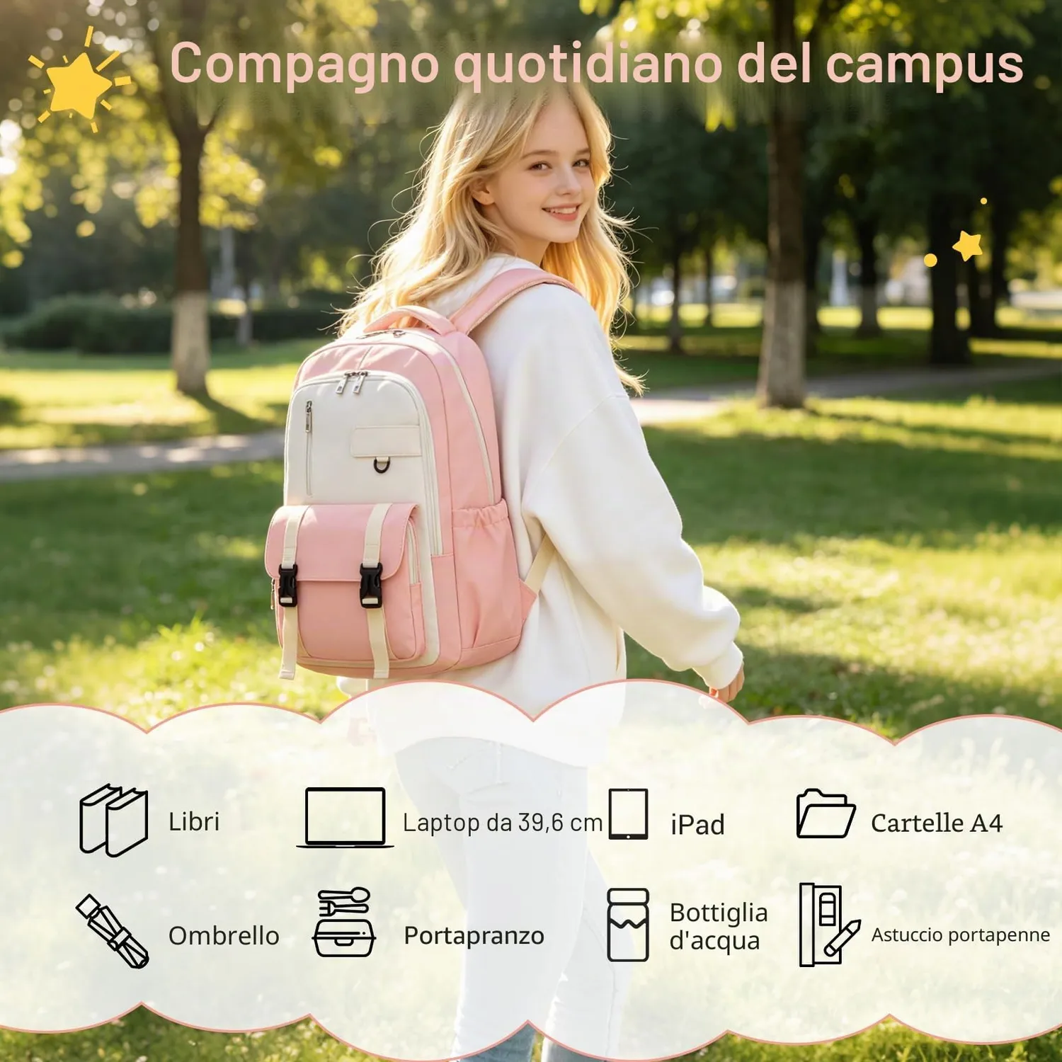 Kono Zaino Scuola 15,6 Pollici Rosa/Beige 30x17x45 cm