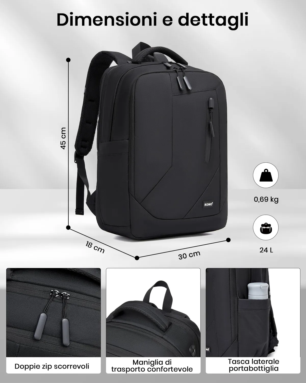 Kono zaino porta PC 15,6 pollici nero antifurto
