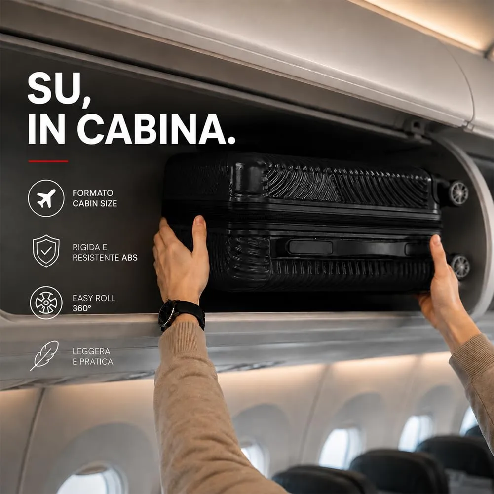 Provitera Trolley Cabina Rigido valigia ABS nero 55x40x20