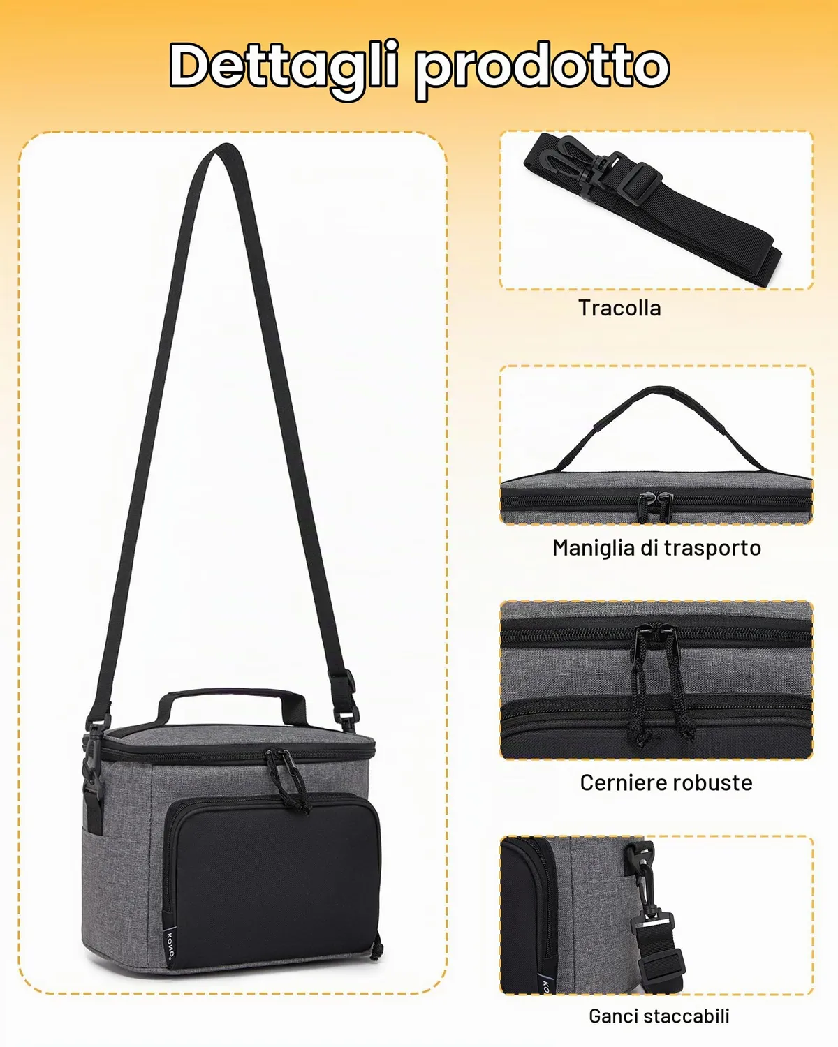 Kono Borsa Termica 9L Grigio Nero Porta Pranzo Isolata