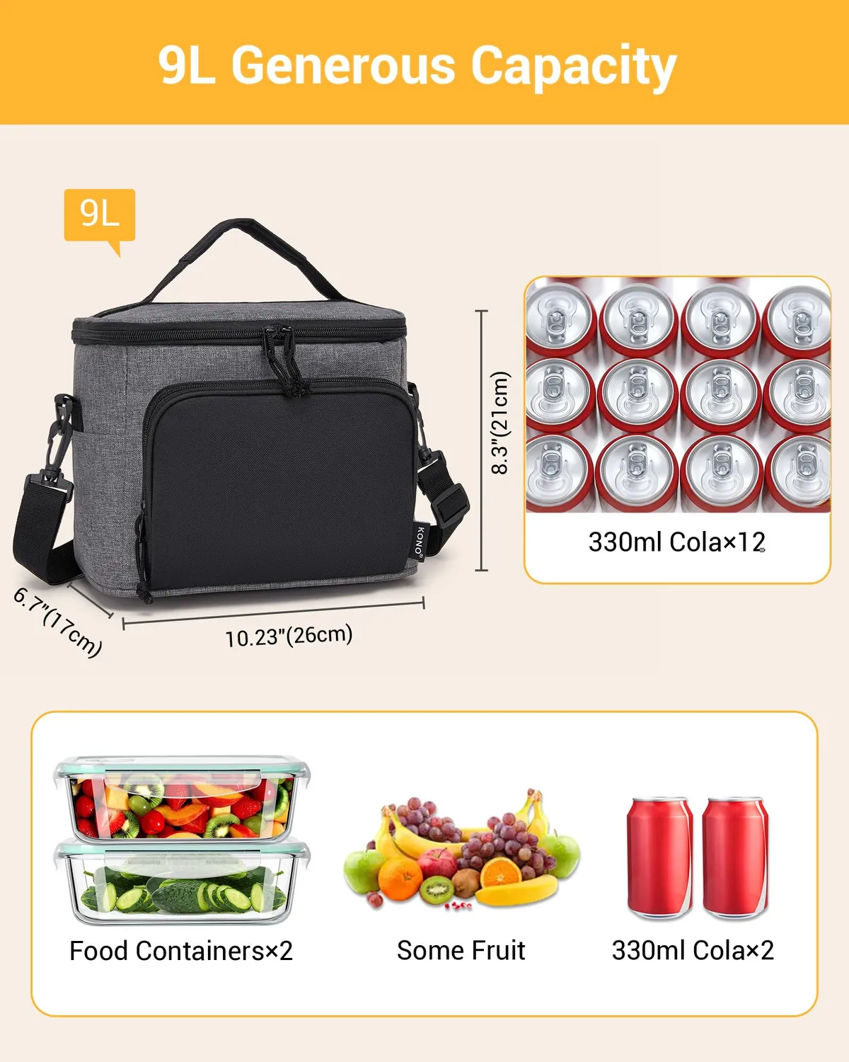Kono Borsa Termica 9L Grigio Nero Porta Pranzo Isolata