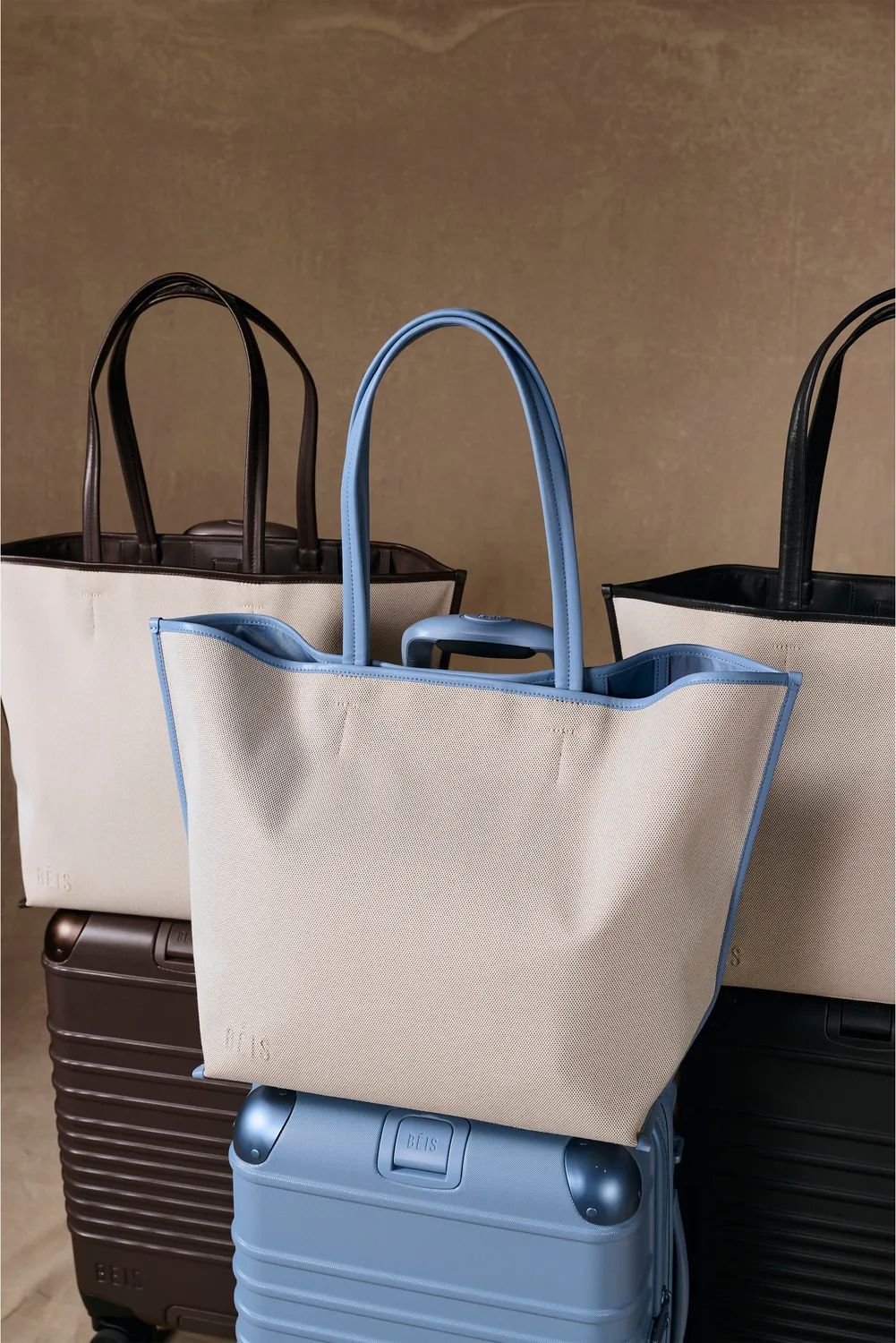 Beis Canvas and Leather tote bag dusty blue