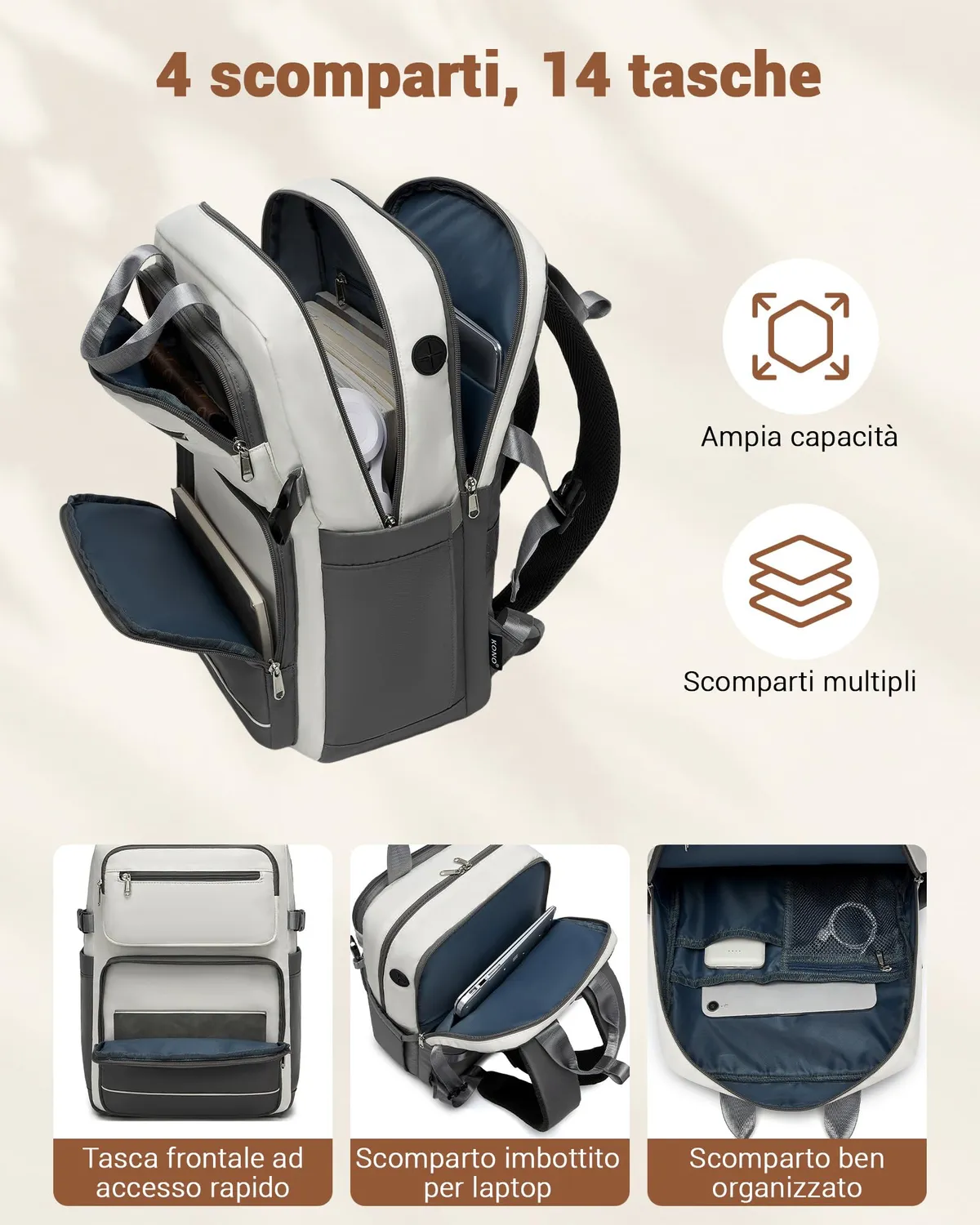 Kono 15,6 Pollici zaino porta PC beige/grigio impermeabile