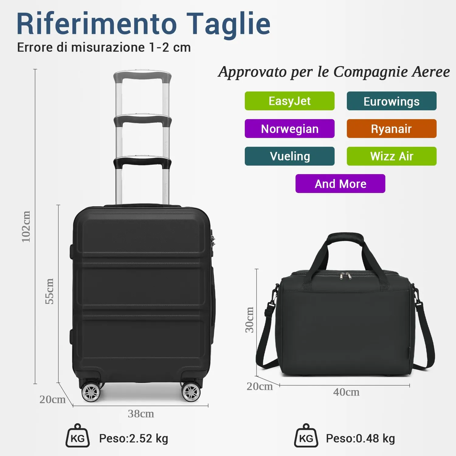 Kono Set 2 Valigia 55cm + Borsa 40x30x20 Nero Rigido