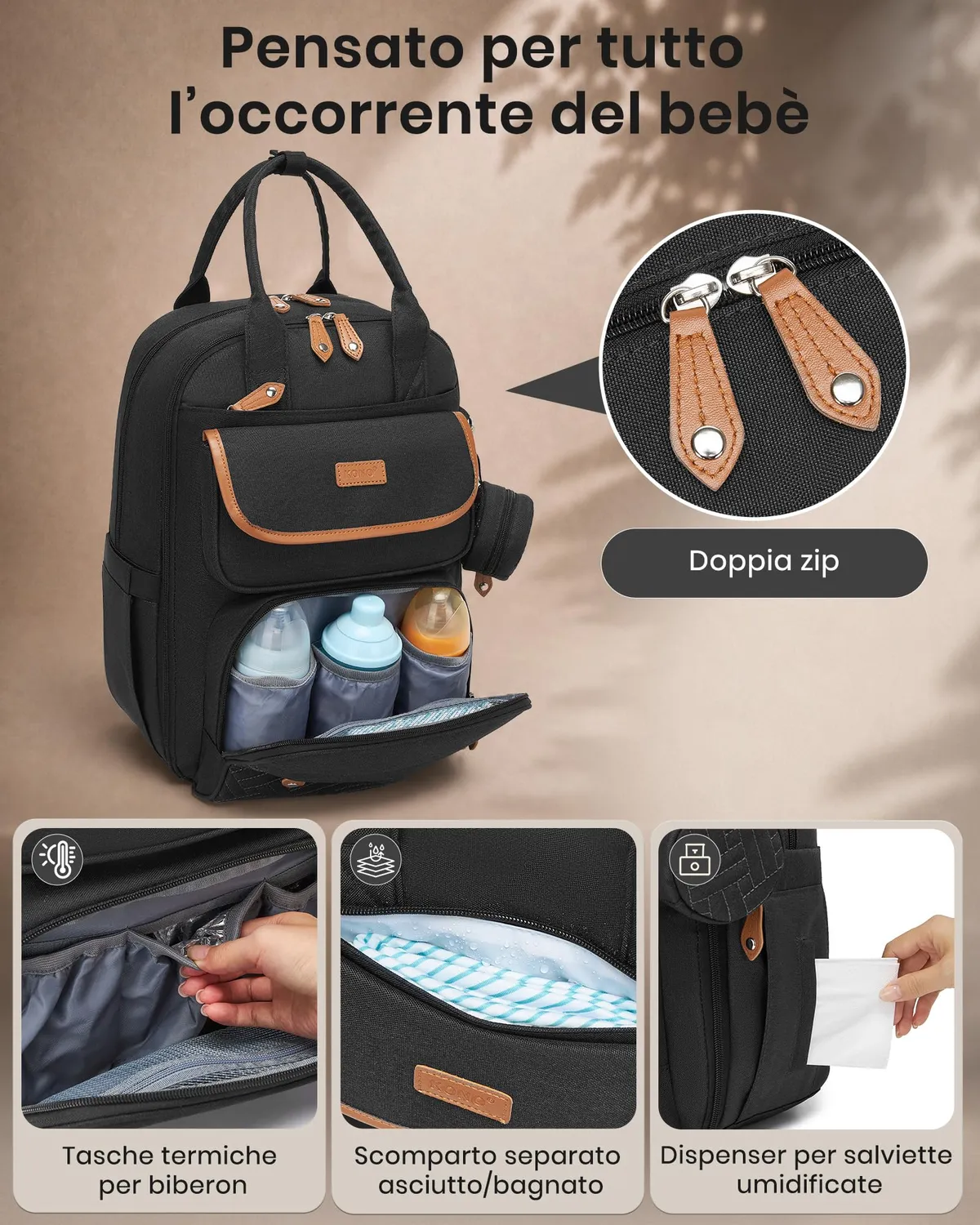 Kono Zaino Fasciatoio Nero Mamma Papà 18 Scomparti