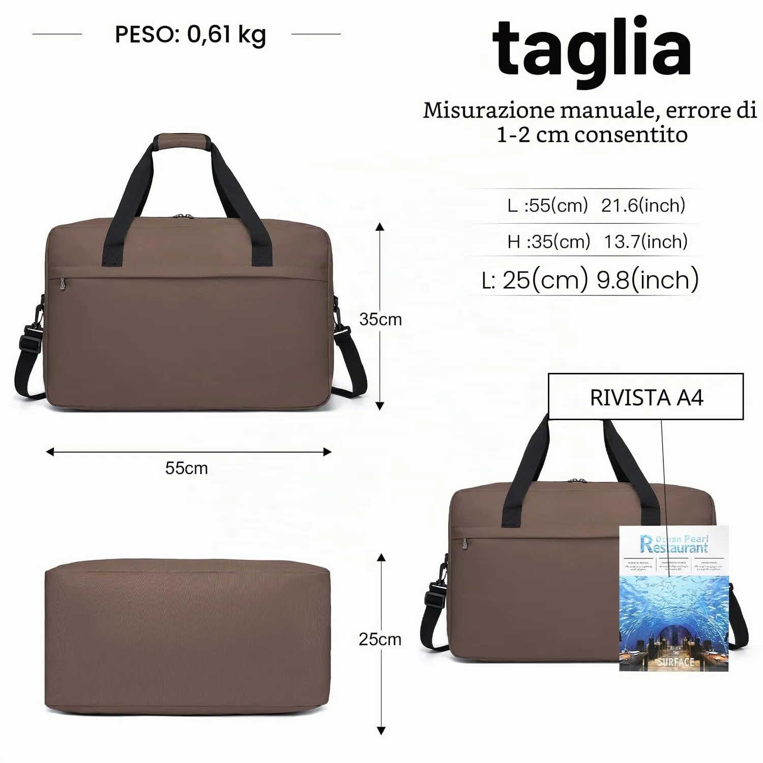 Kono Borsa da Viaggio 55x35x25cm Marrone 38L Leggera