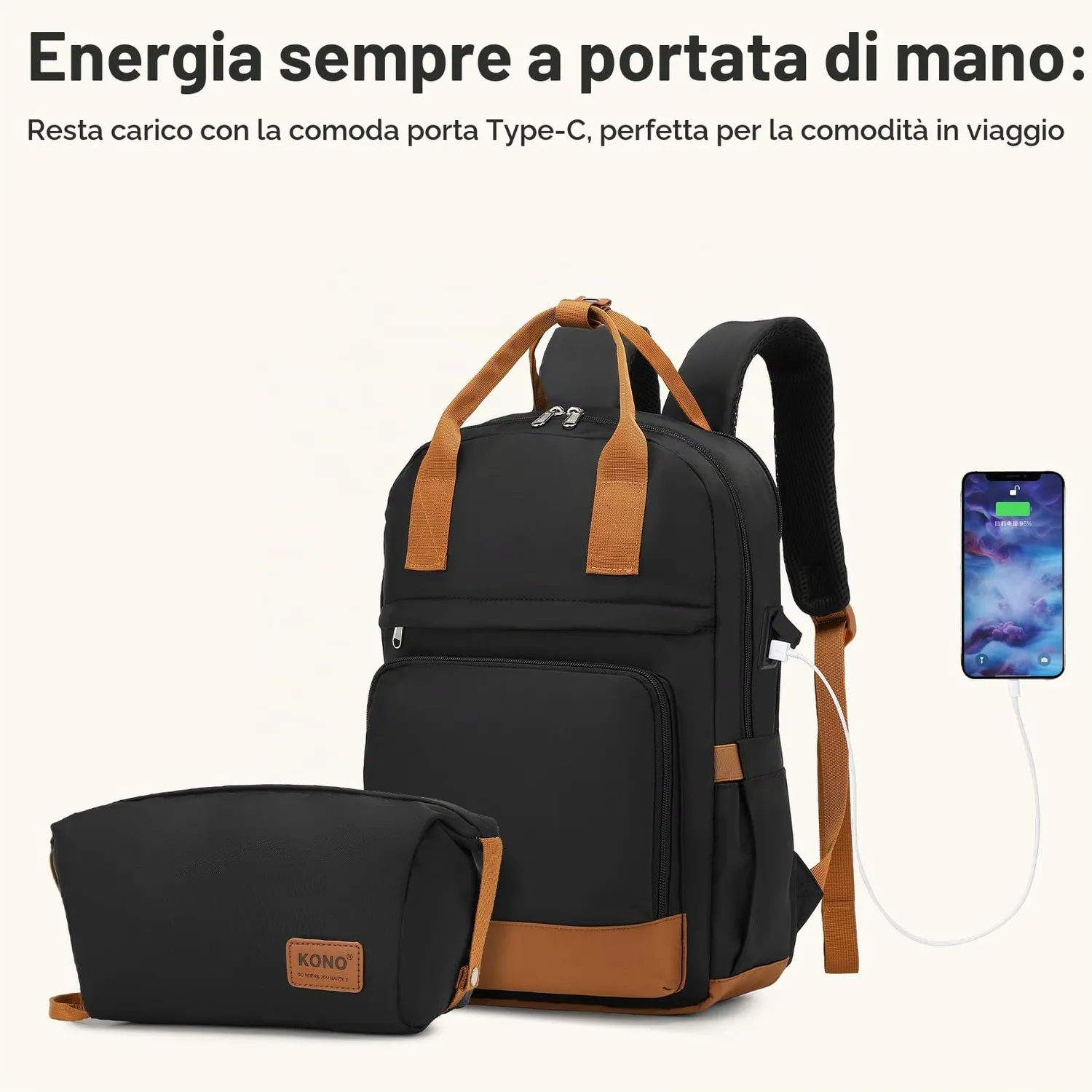 Kono Set Valigie 2 Pezzi Trolley Mano + Beauty nero marrone