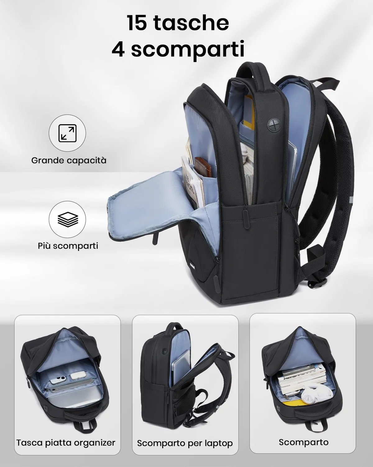 Kono zaino porta PC 15,6 pollici nero antifurto