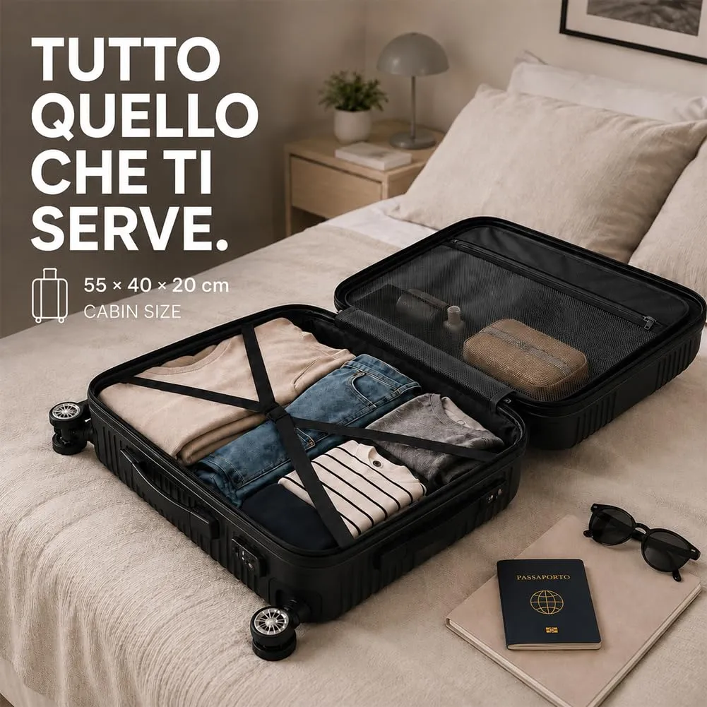 Provitera Trolley Cabina Rigido valigia ABS nero 55x40x20