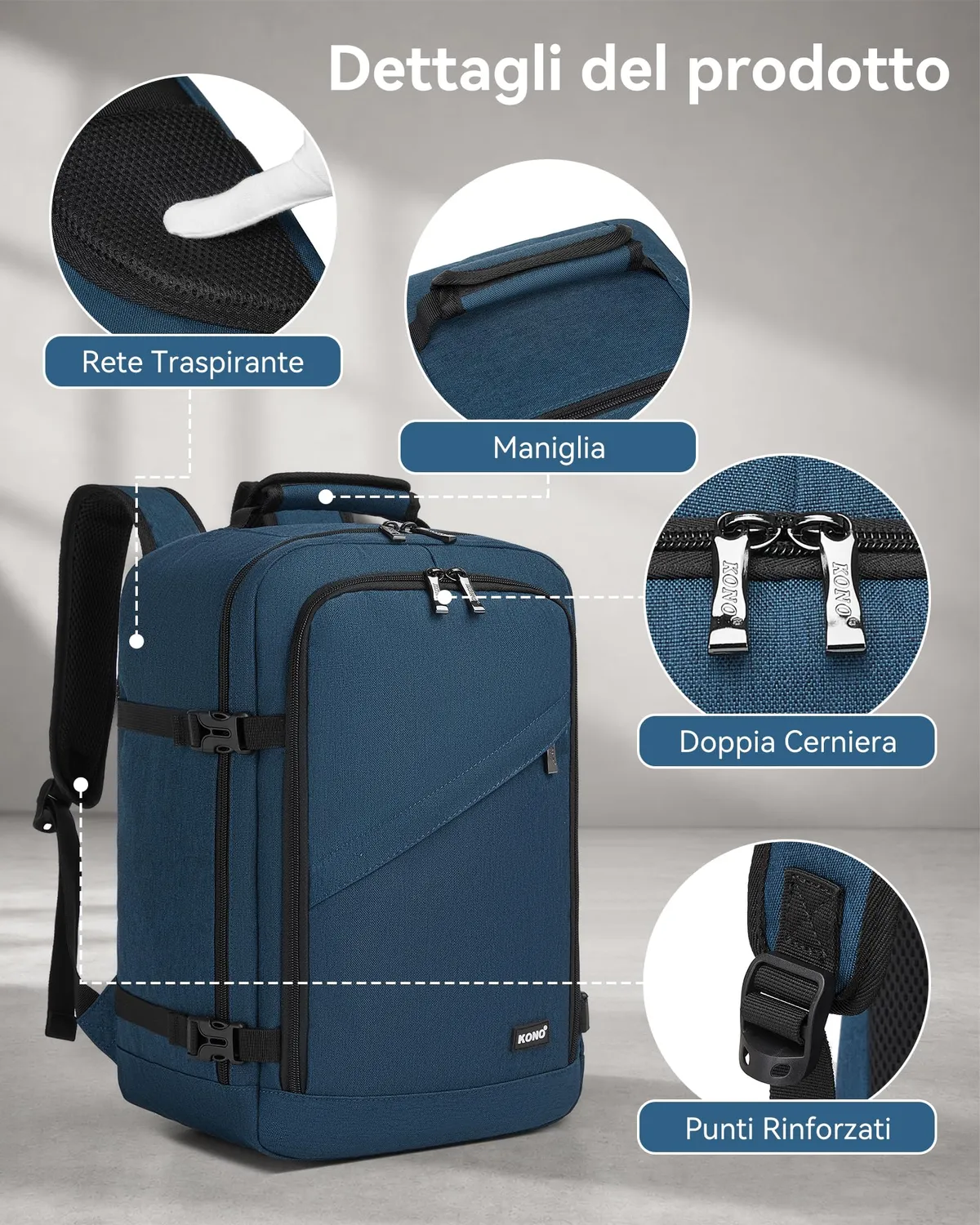 Kono zaino Ryanair 40x20x25 blu navy 20L bagaglio a mano