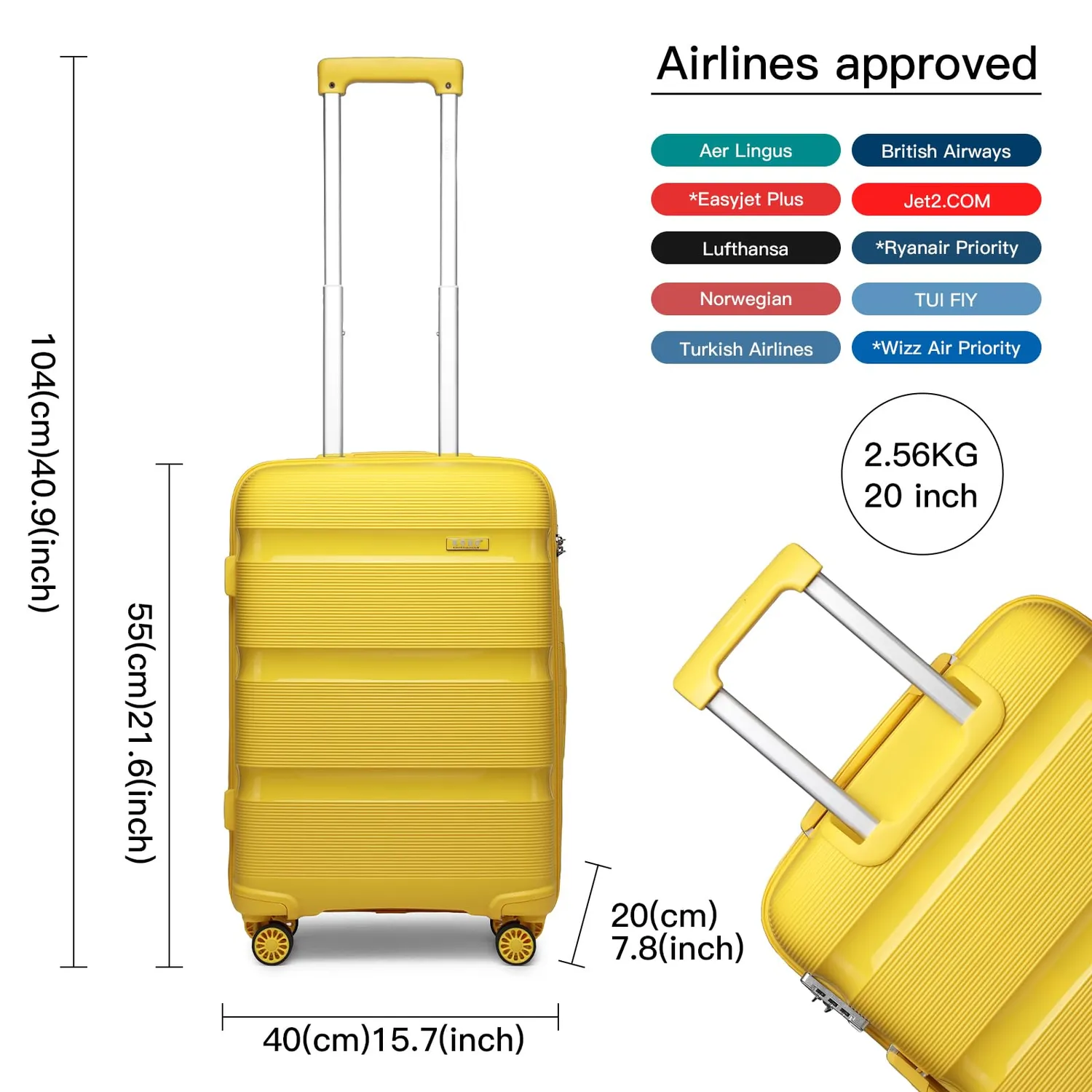 Kono trolley bagaglio a mano rigido S 55x40x20 giallo