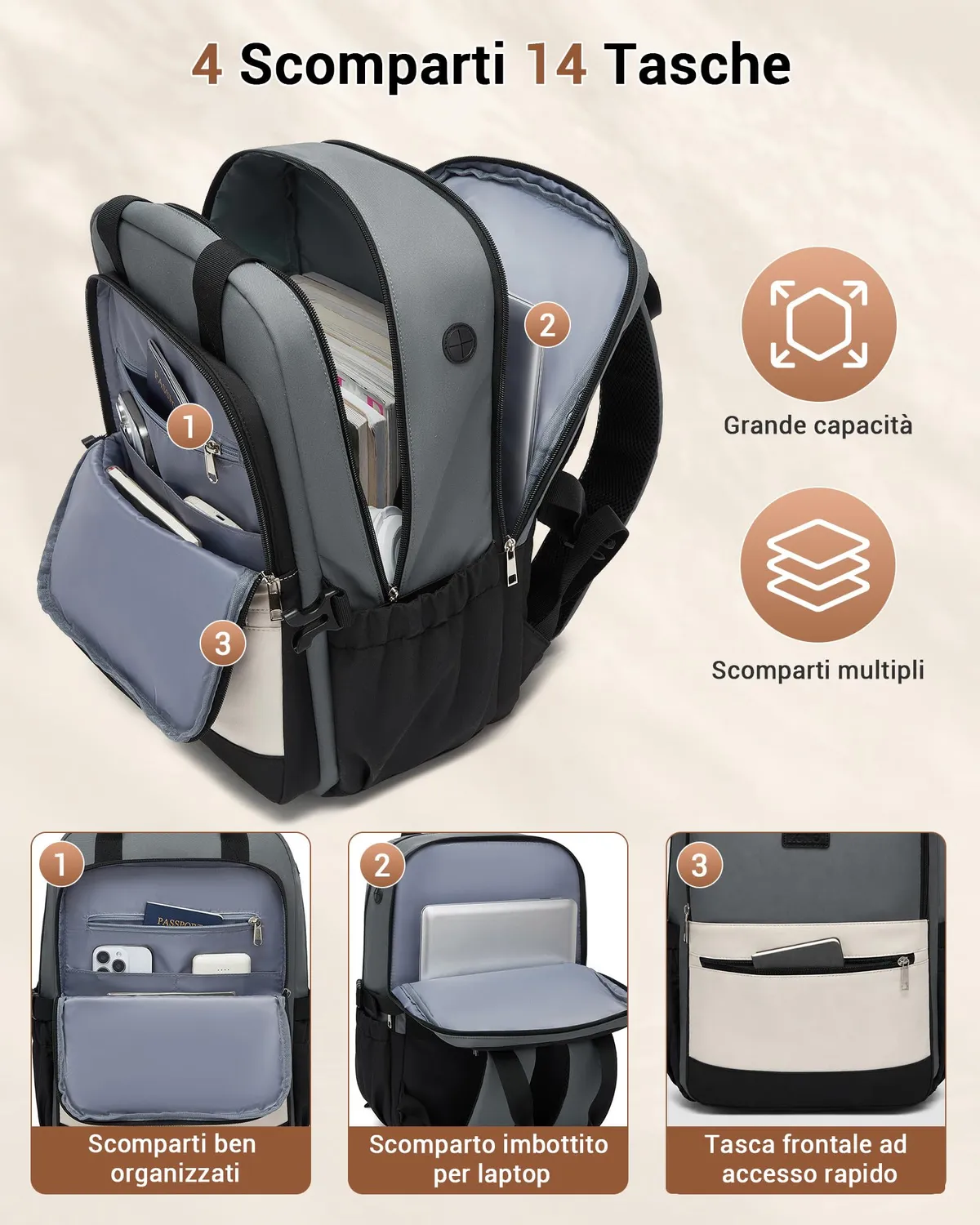 Kono zaino porta PC 15,6 pollici grigio/beige impermeabile