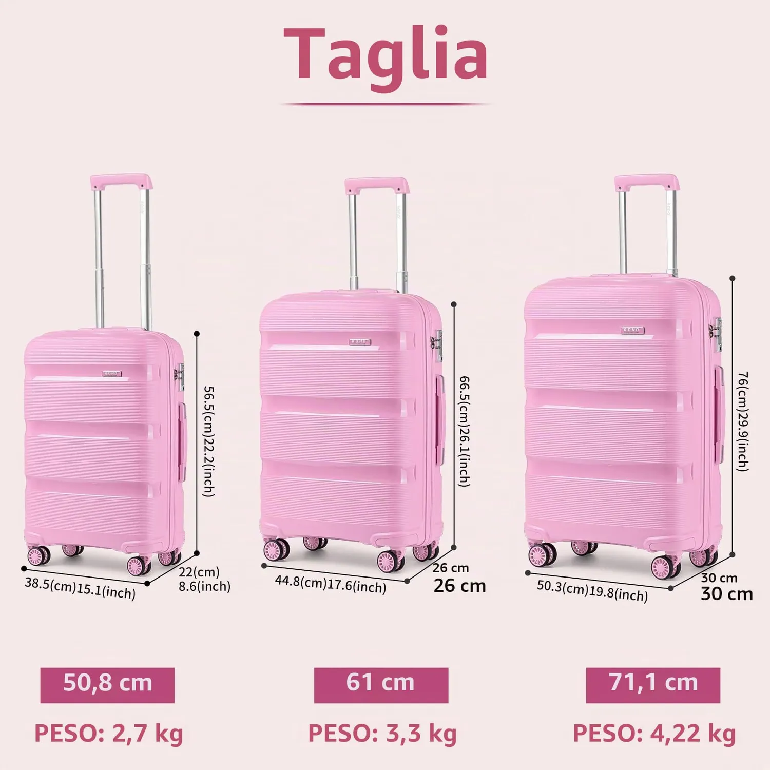 Kono 65cm Valigia Trolley Rigida Rosa Polipropilene
