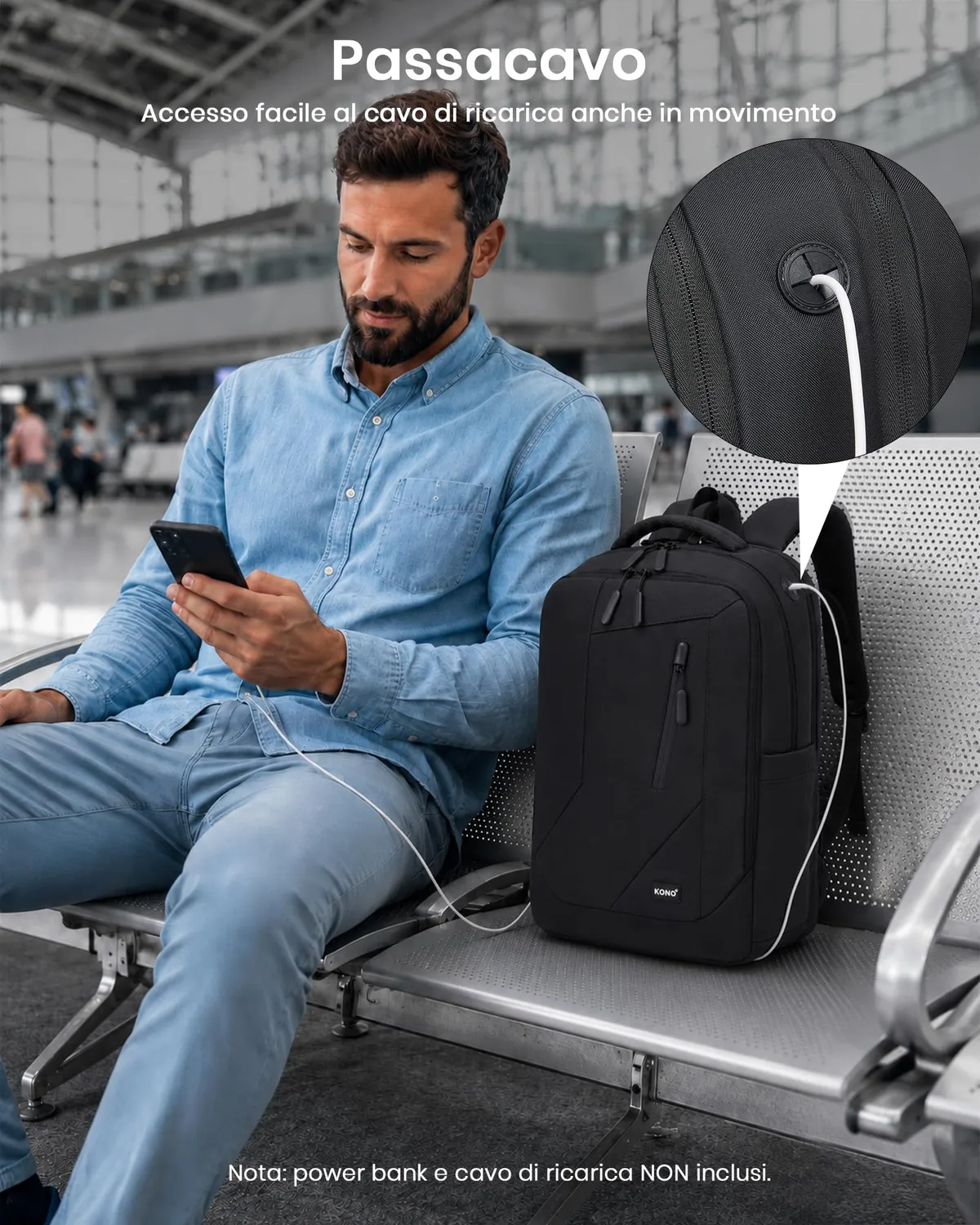 Kono zaino porta PC 15,6 pollici nero antifurto