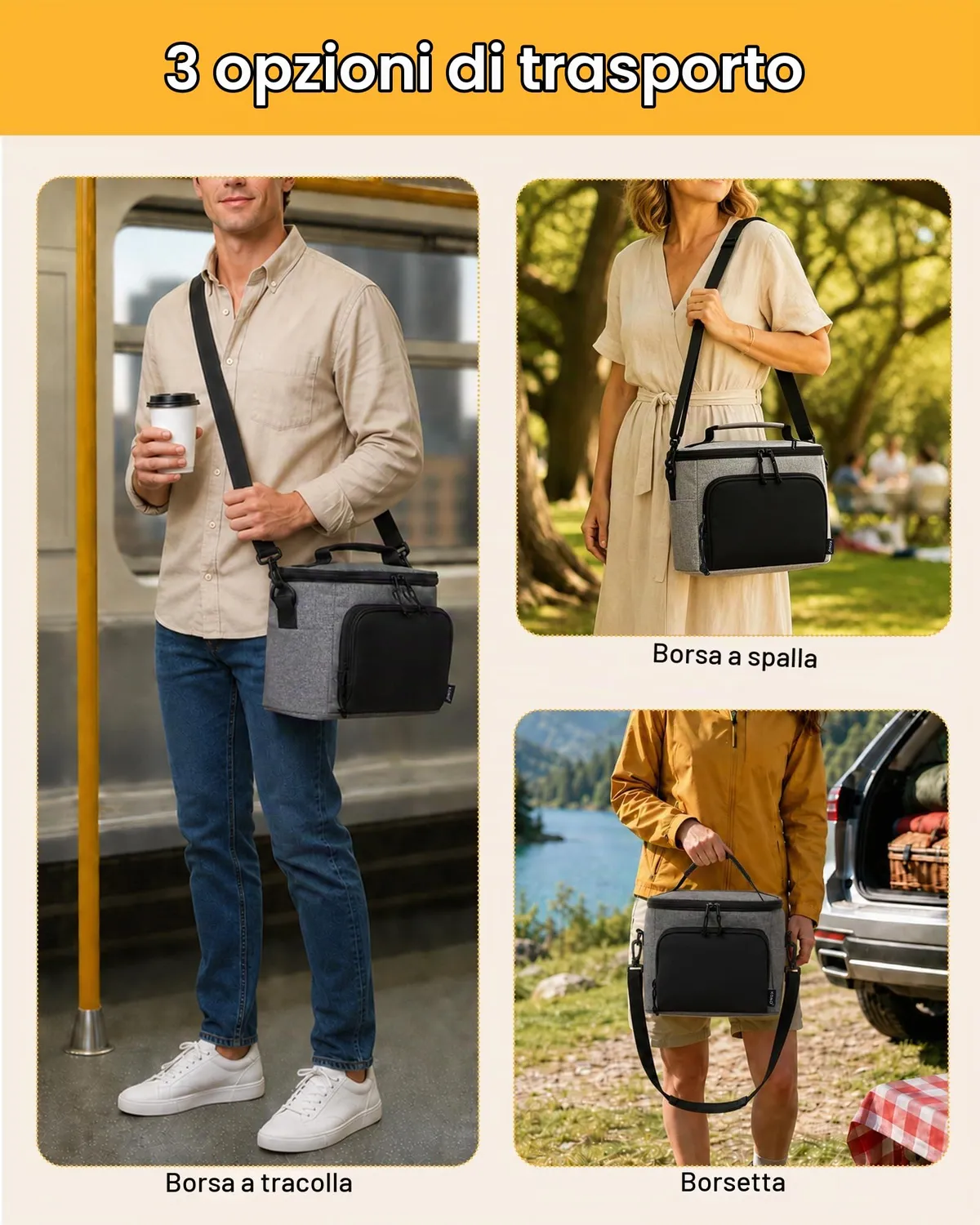 Kono Borsa Termica 9L Grigio Nero Porta Pranzo Isolata