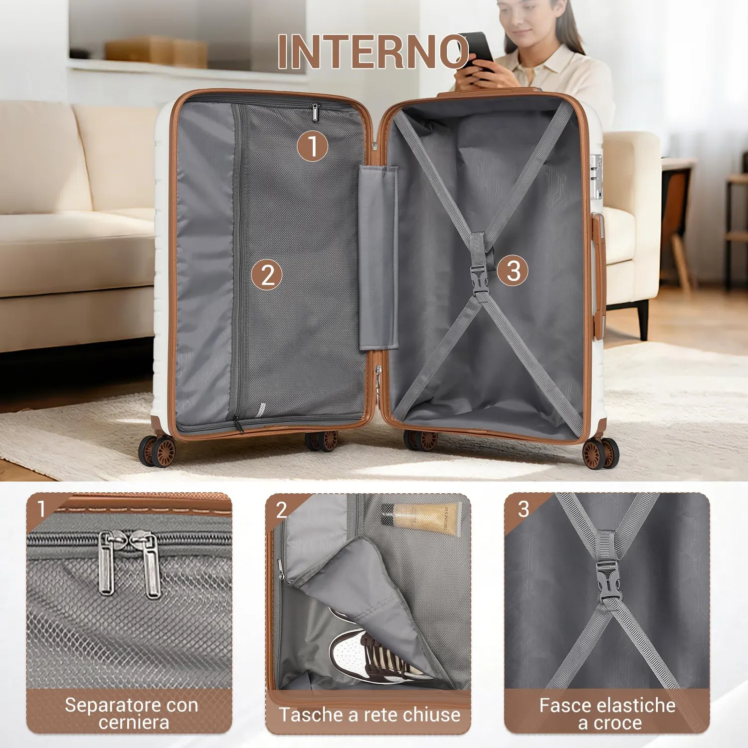 Kono set 3 valigie rigide PP crema marrone 56-76 cm