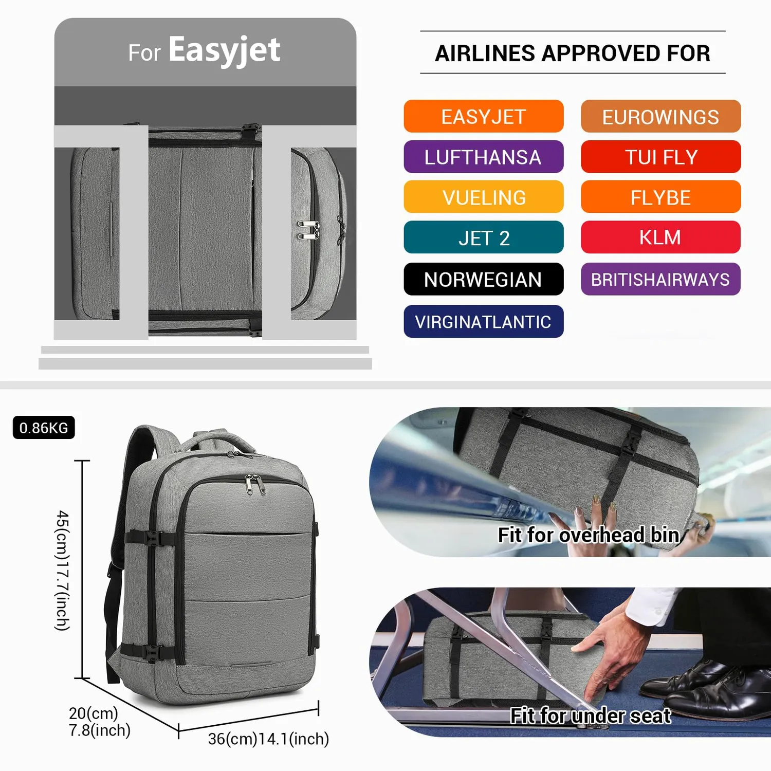 Kono 45x36x20 zaino bagaglio a mano 30L grigio EasyJet