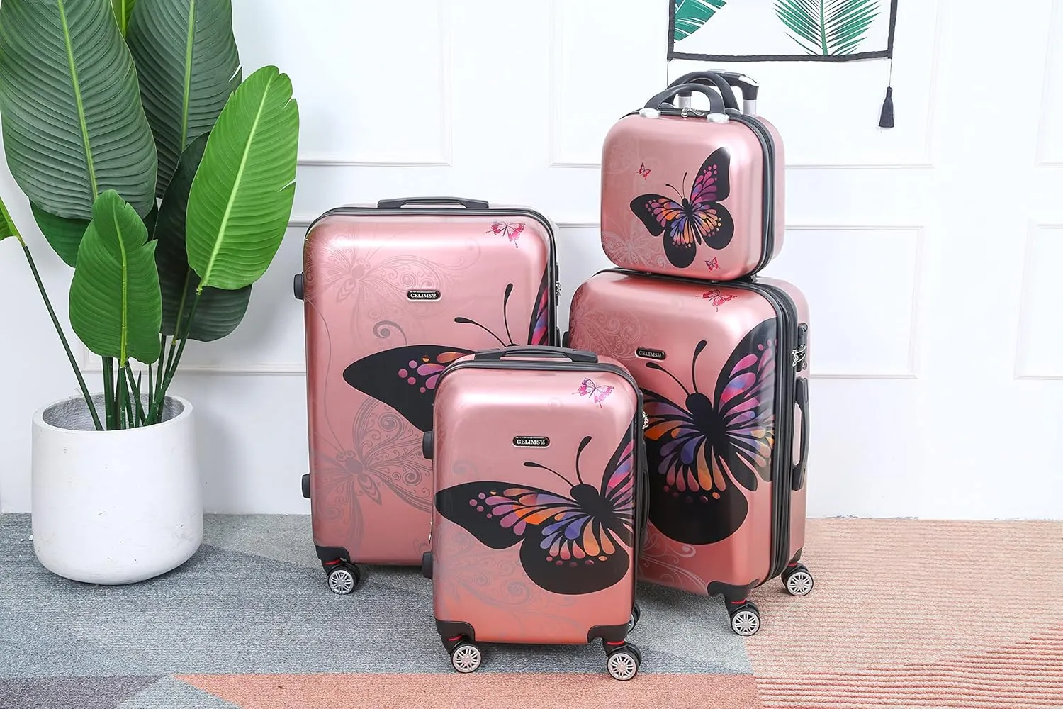CELIMS Set 4 valigie policarbonato oro rosa vanity TSA