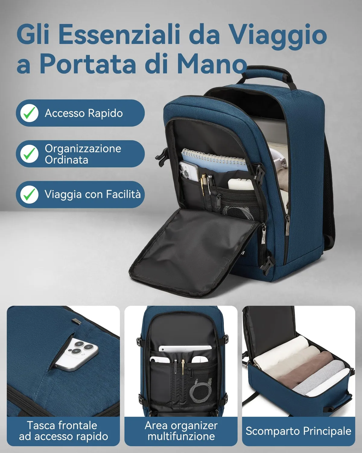 Kono zaino Ryanair 40x20x25 blu navy 20L bagaglio a mano