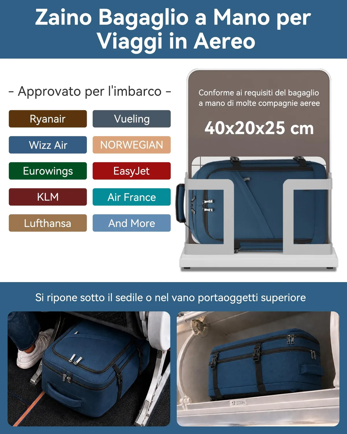 Kono zaino Ryanair 40x20x25 blu navy 20L bagaglio a mano