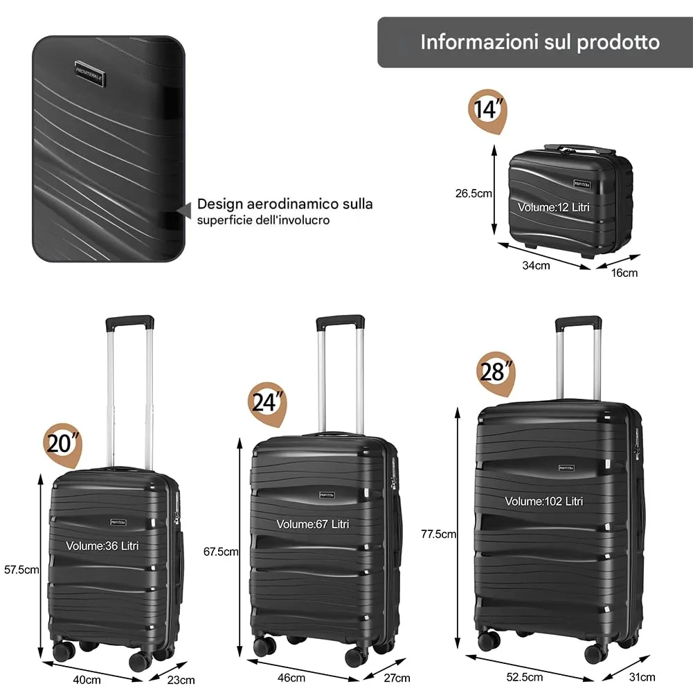 Provitera Set 4 Valigie Rigide PP Nero con Beauty Case
