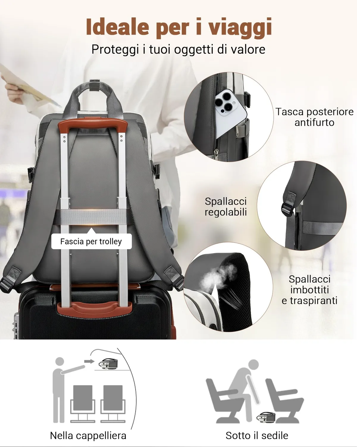 Kono 15,6 Pollici zaino porta PC beige/grigio impermeabile