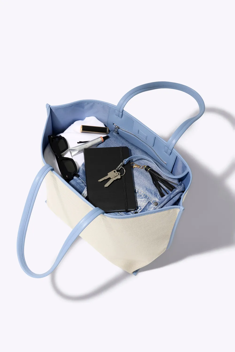 Beis Canvas and Leather tote bag dusty blue