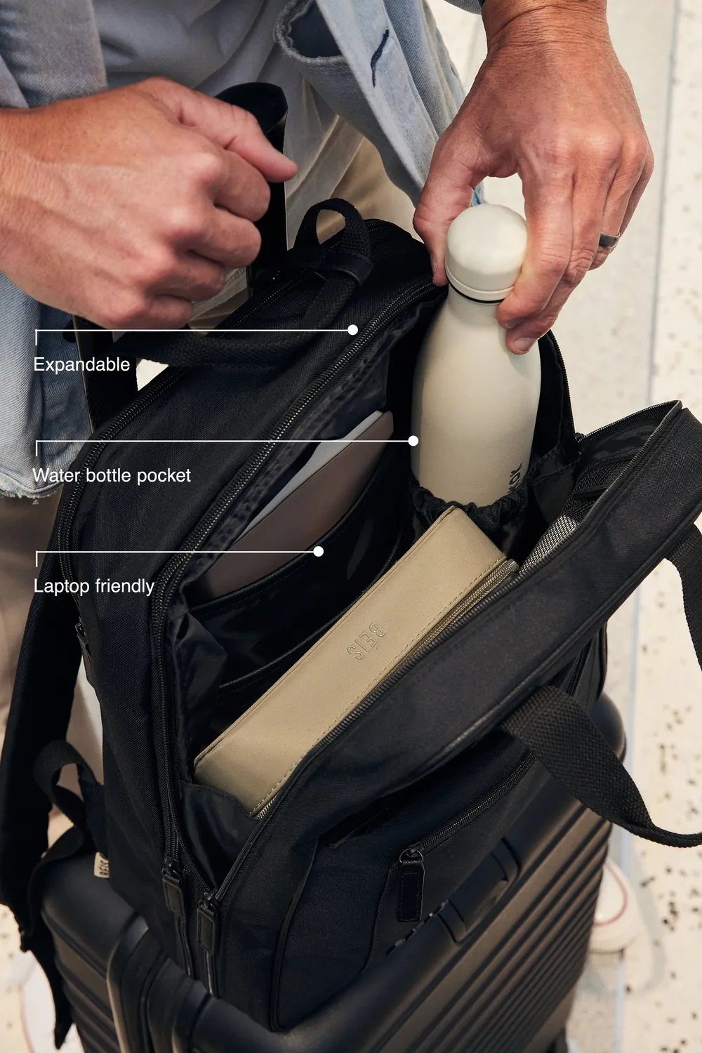 Beis Expandable Backpack zaino nero estensibile