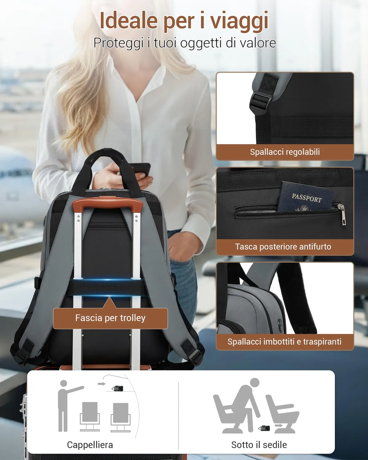 Kono zaino porta PC 15,6 pollici grigio/beige impermeabile