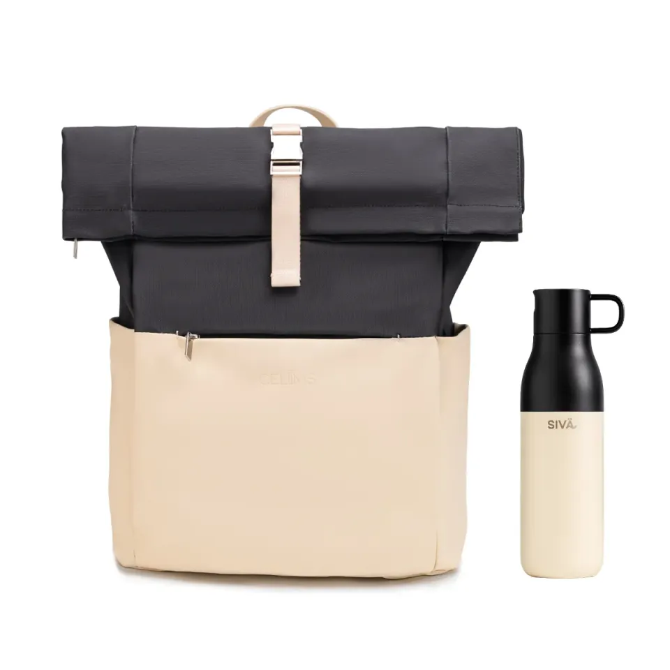CELIMS Pack Voyage Roll-Top zaino + borraccia 740 ml Sand impermeabile