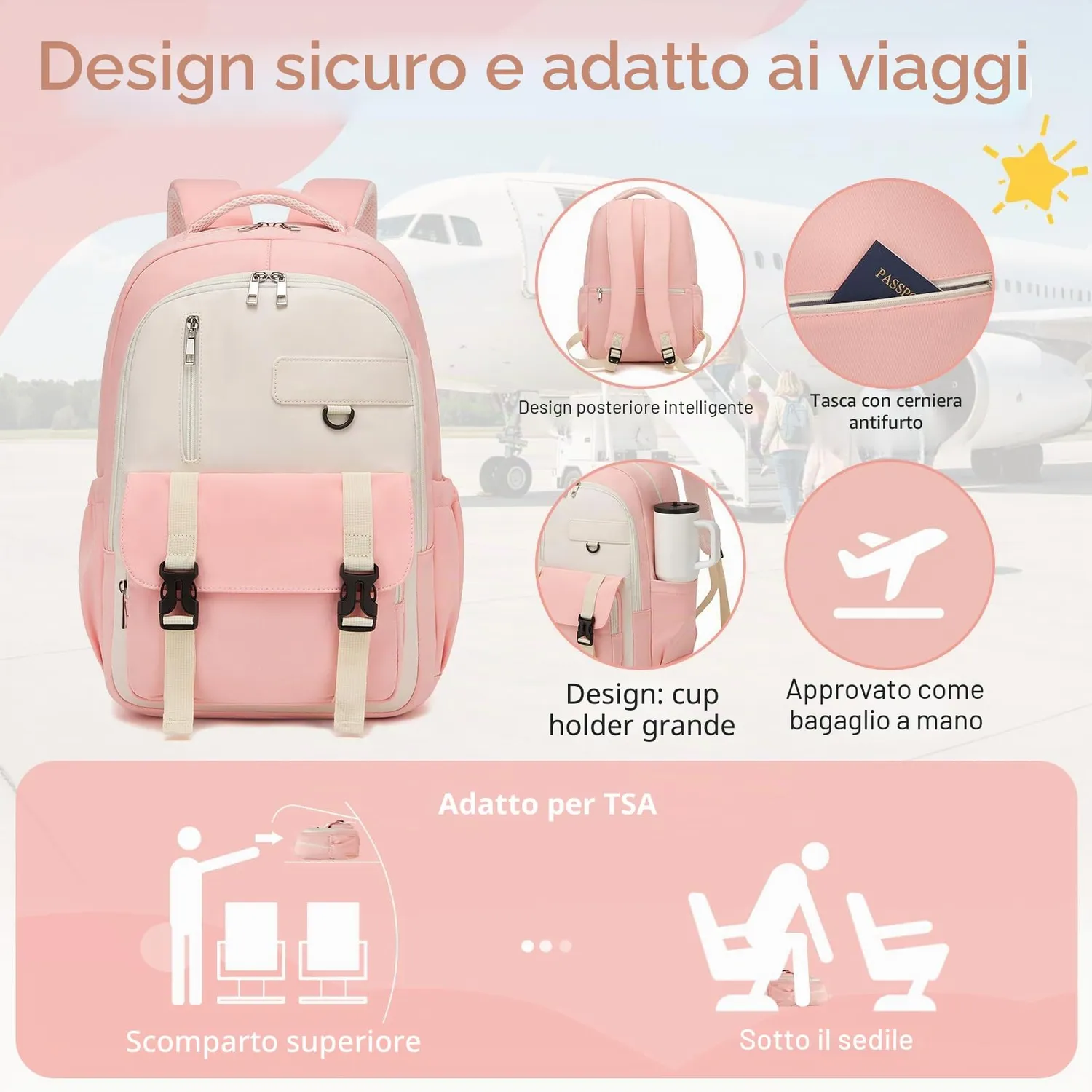 Kono Zaino Scuola 15,6 Pollici Rosa/Beige 30x17x45 cm
