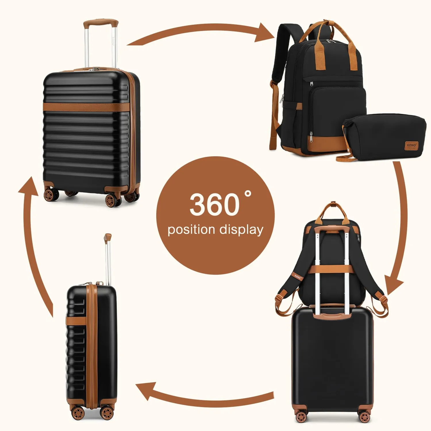 Kono Set Valigie 2 Pezzi Trolley Mano + Beauty nero marrone