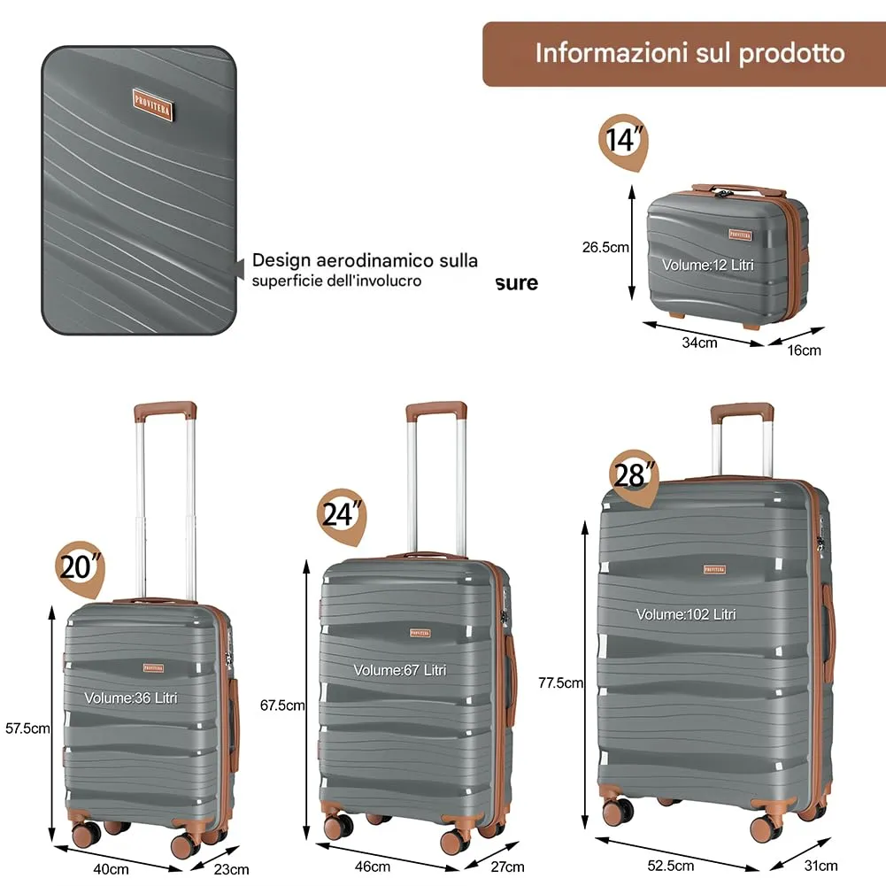 Provitera Set 4 Valigie Rigide Grigie in Polipropilene