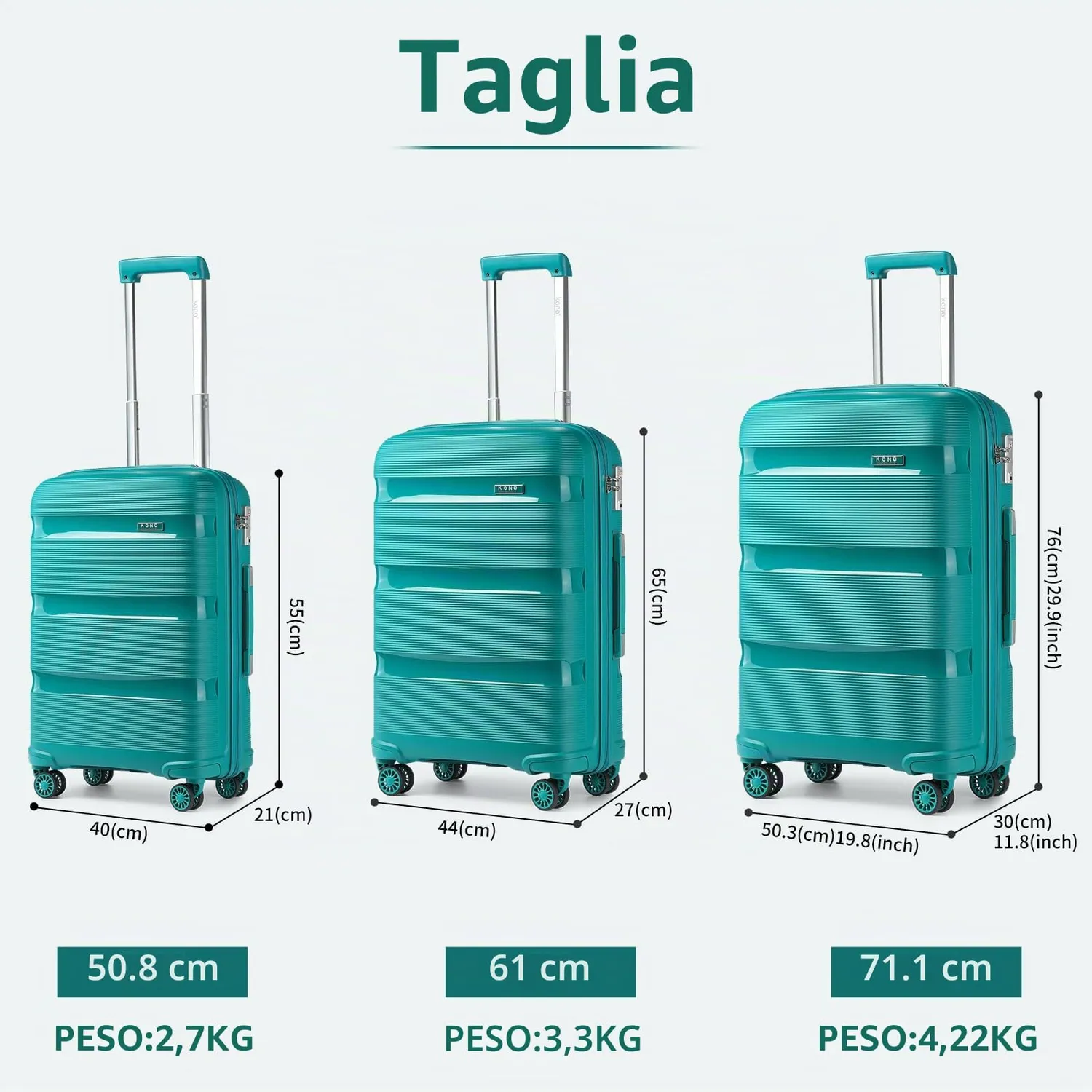Kono Set 3 Valigie Trolley 55/65/76cm Turchese Rigide PP