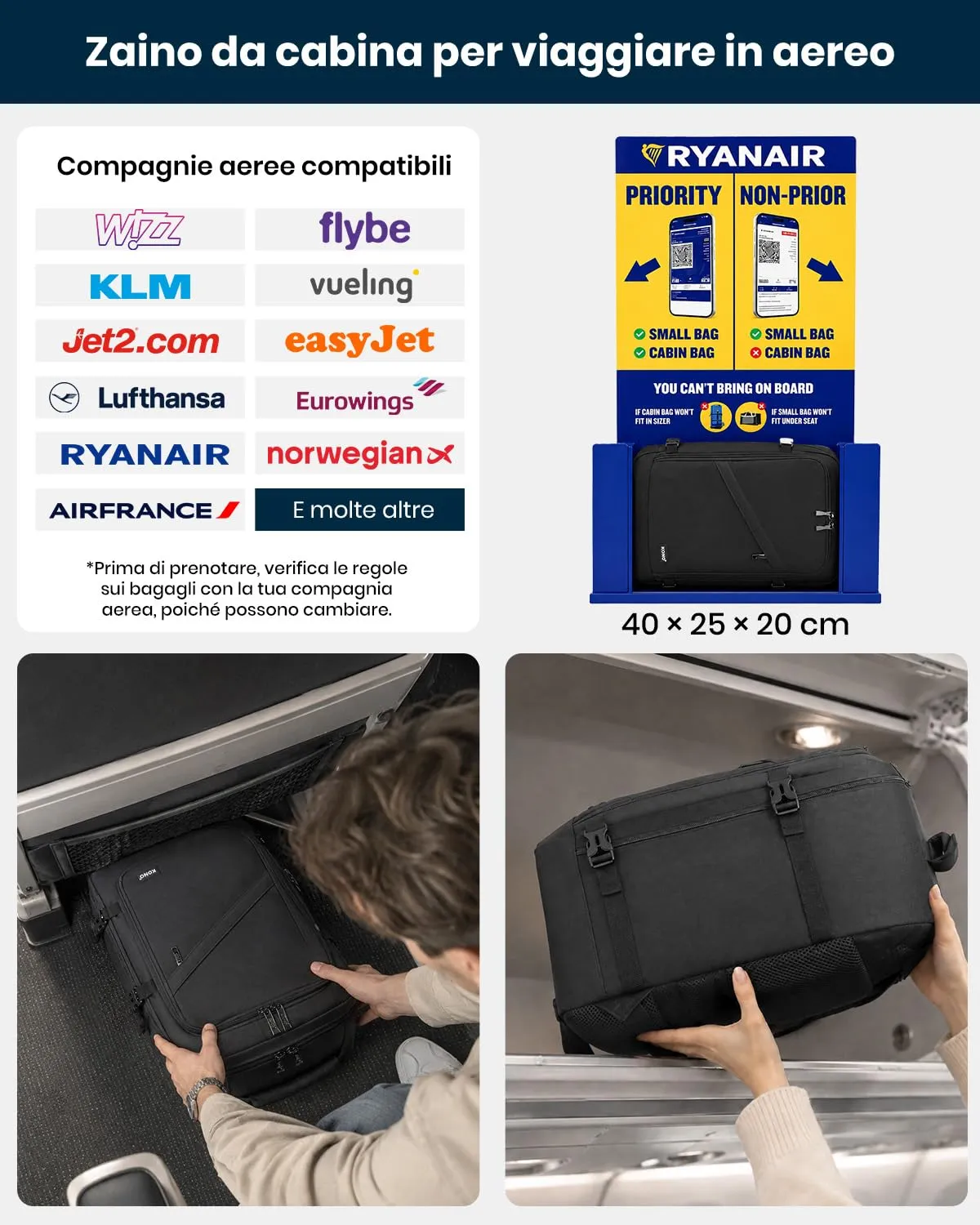 Kono Ryanair 40x20x25 zaino bagaglio mano nero 20L