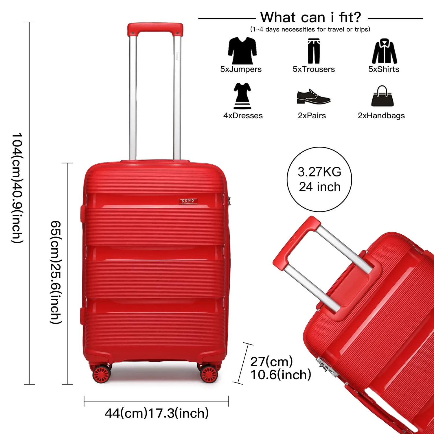 Kono Set Valigie 20 24 28 da 3 Pezzi Rigidi Trolley TSA Leggero