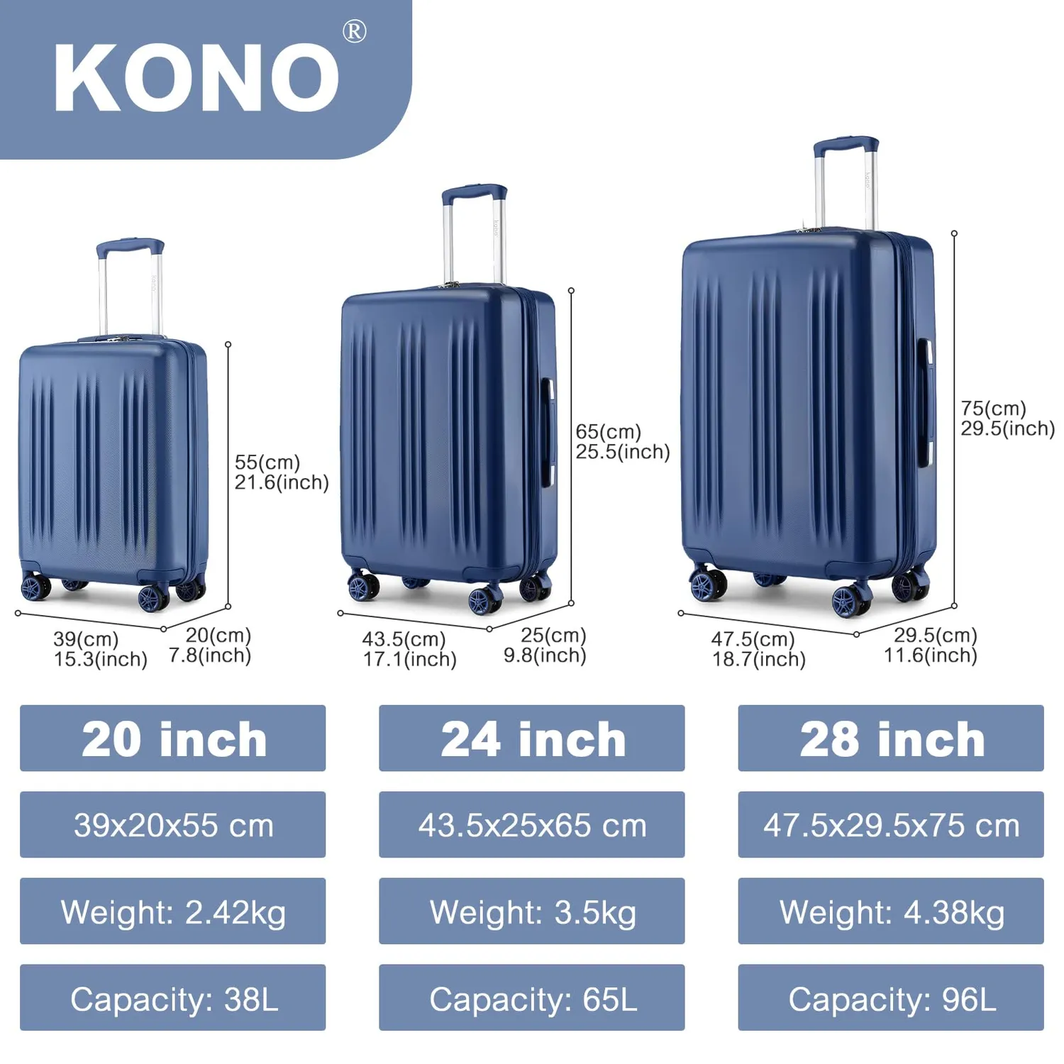 Kono Set 3 Valigie Rigide 55+65+75 blu marina espandibili
