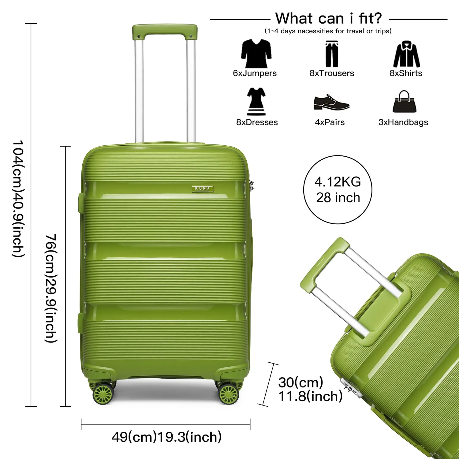 Kono valigia trolley grande 76cm verde rigida polipropilene