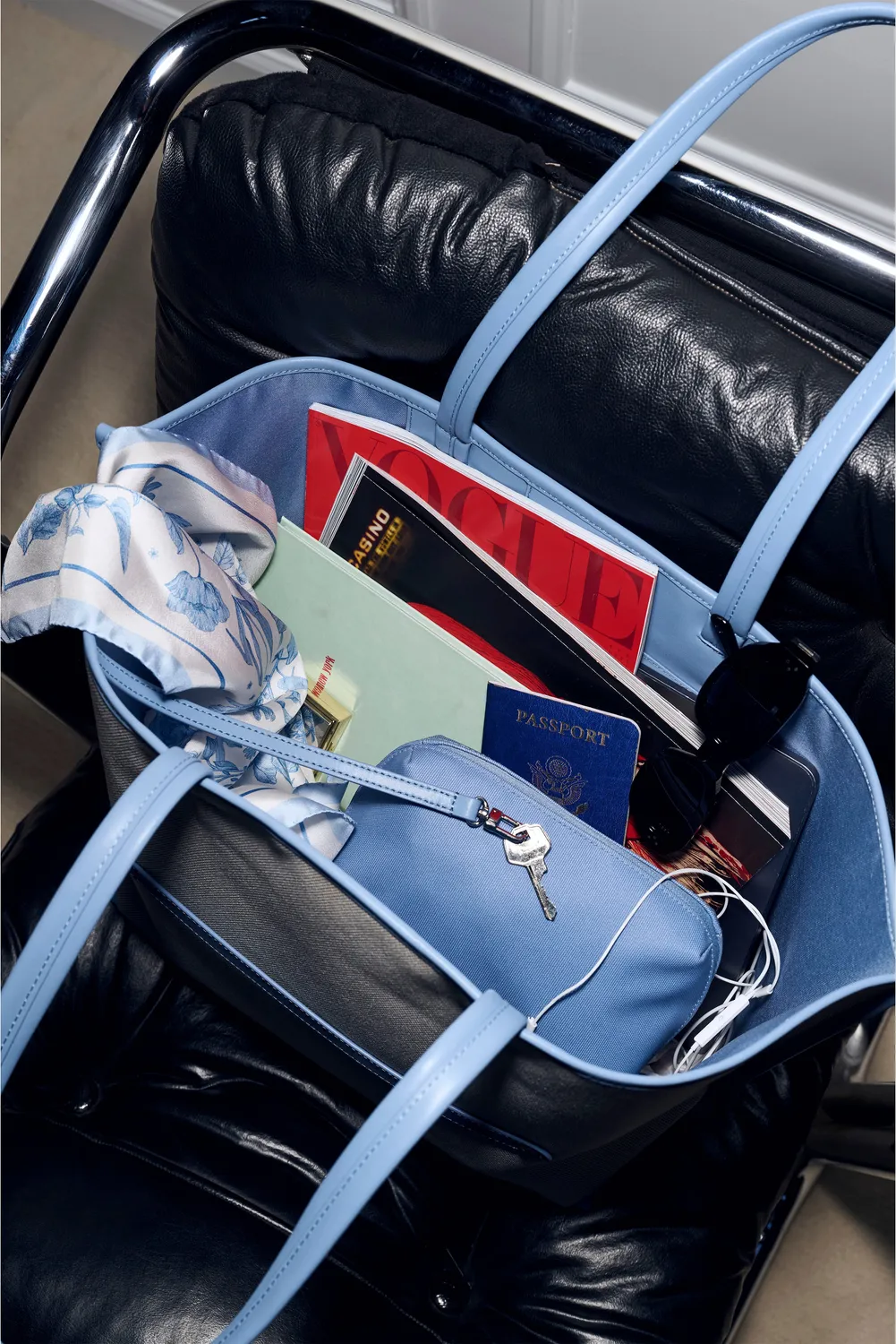 Beis Canvas and Leather tote bag dusty blue