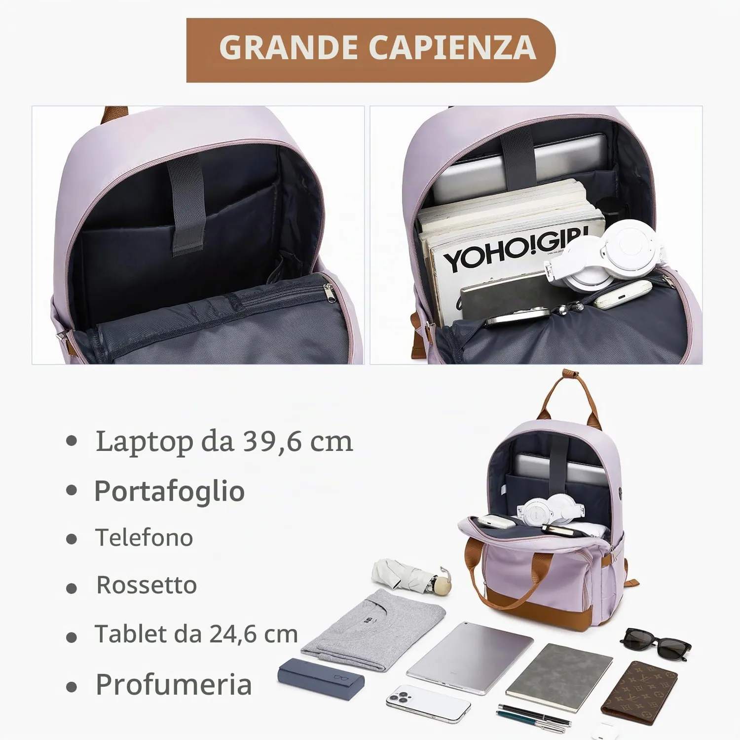 Kono Zaino Porta PC 15,6" Antifurto USB Viola/Marrone