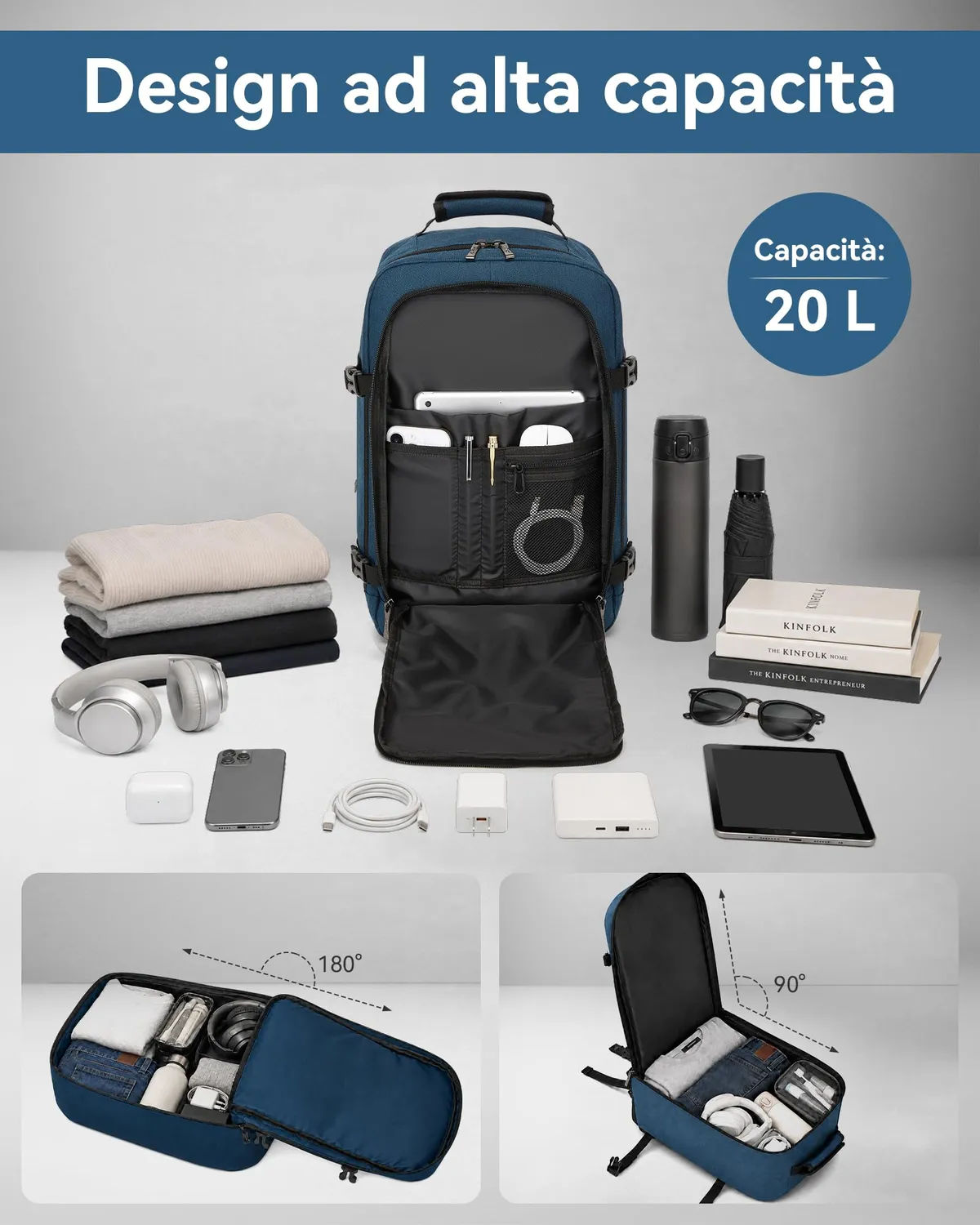 Kono zaino Ryanair 40x20x25 blu navy 20L bagaglio a mano