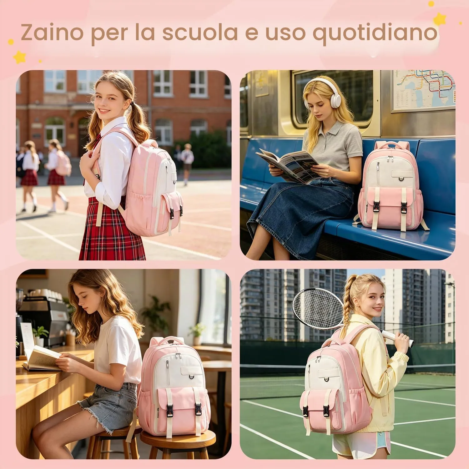 Kono Zaino Scuola 15,6 Pollici Rosa/Beige 30x17x45 cm