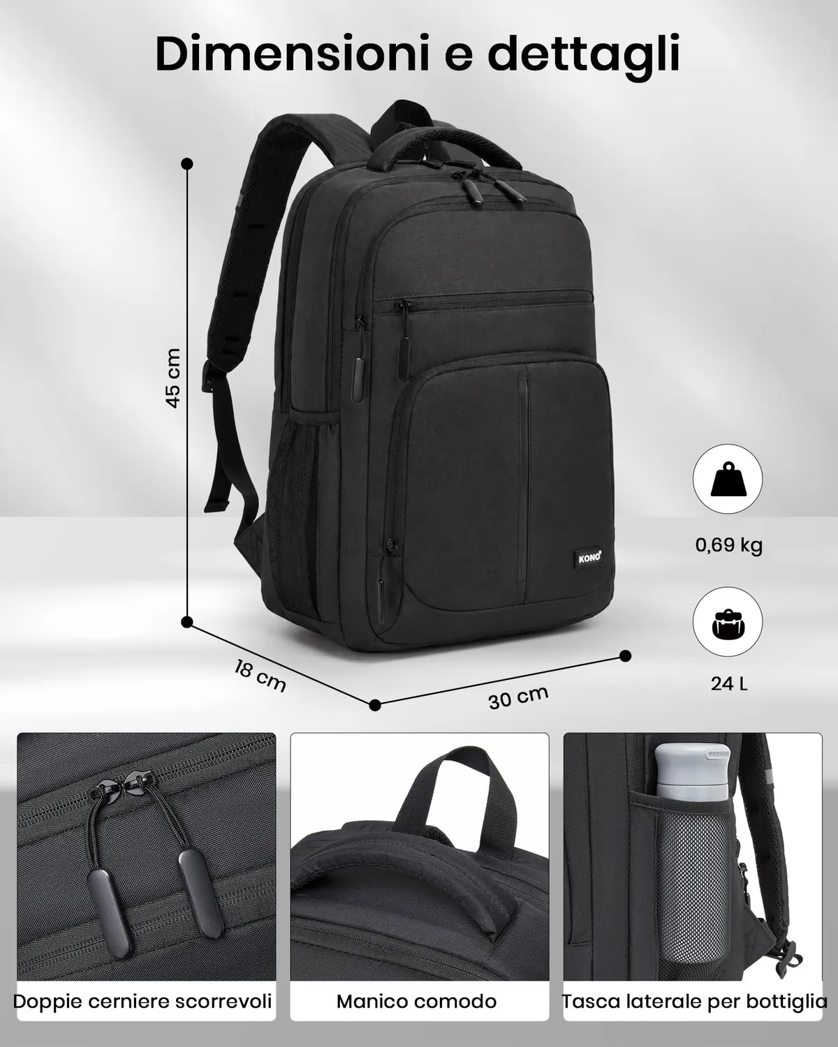 Kono Zaino Porta PC 15,6 Pollici Nero antifurto USB