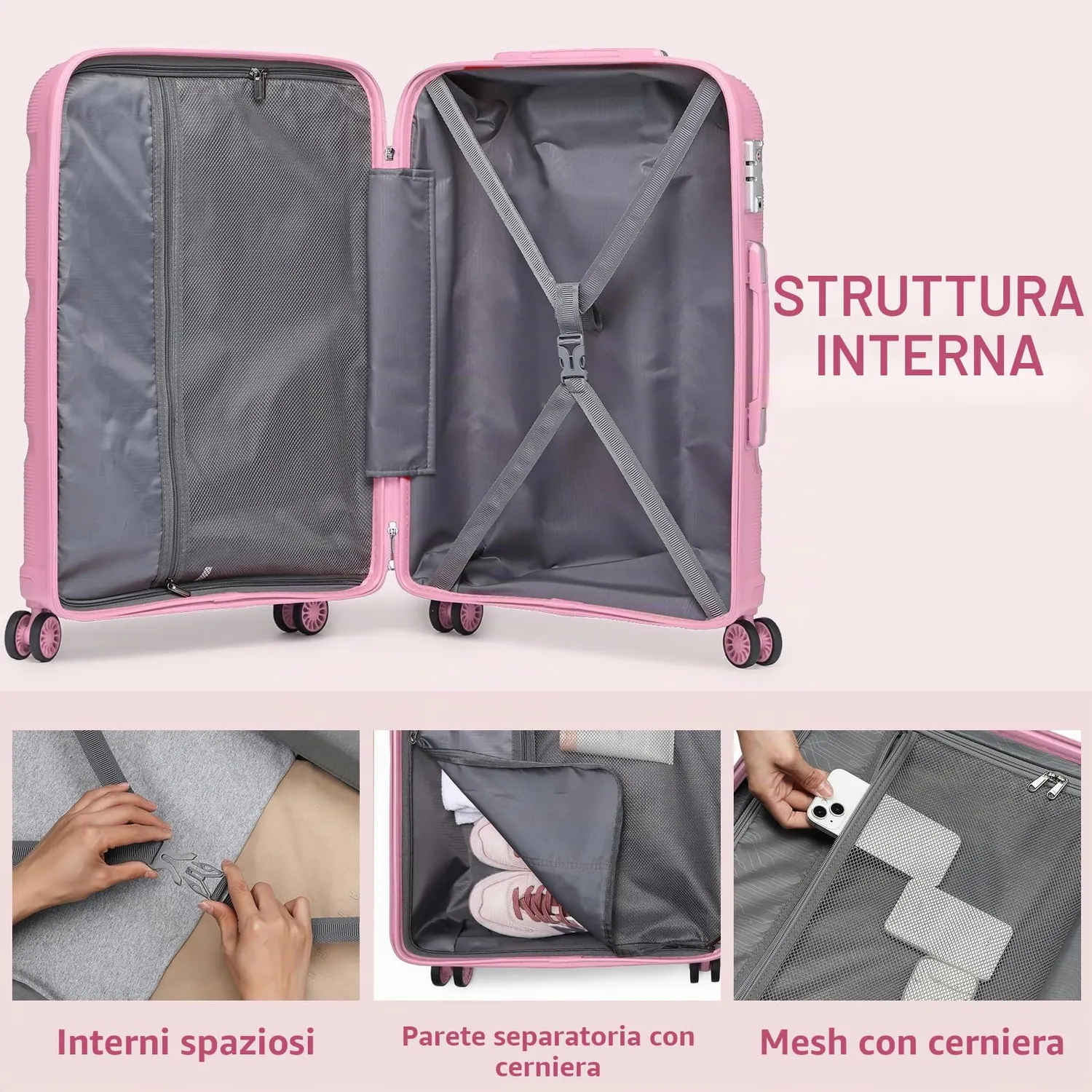 Kono 65cm Valigia Trolley Rigida Rosa Polipropilene