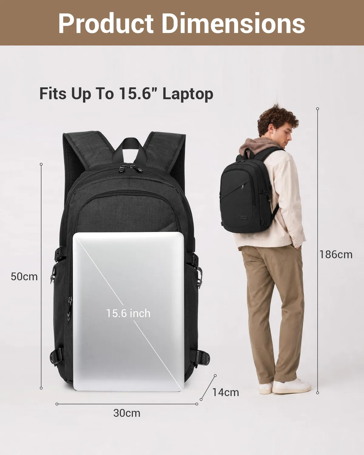 Kono Zaino Porta PC 15,6 Pollici Zaino Nero Antifurto USB