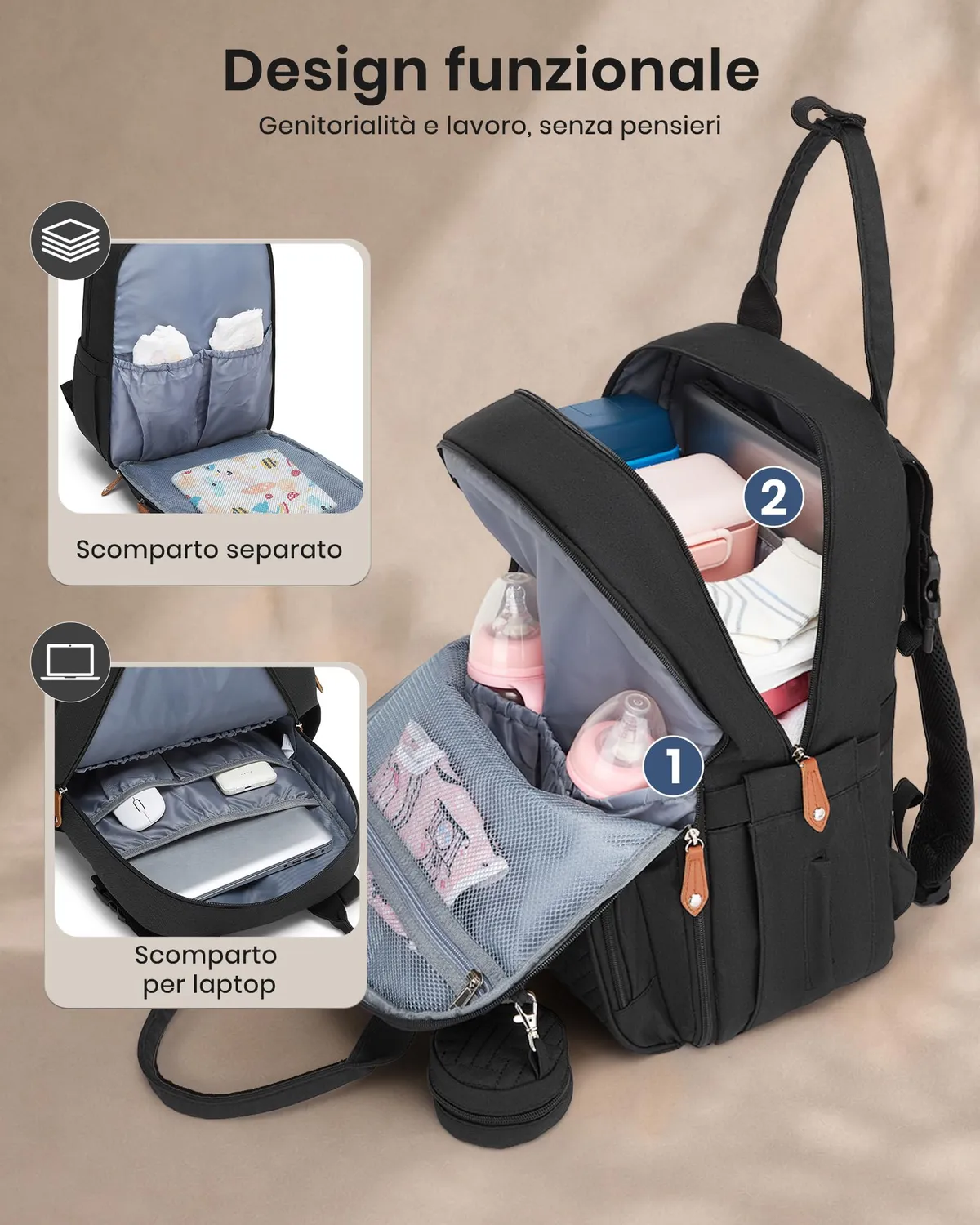 Kono Zaino Fasciatoio Nero Mamma Papà 18 Scomparti