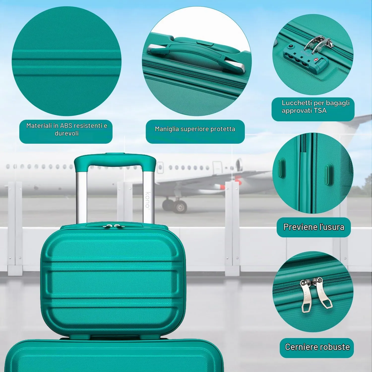 Kono set valigie 4 pezzi ABS turchese trolley TSA beauty