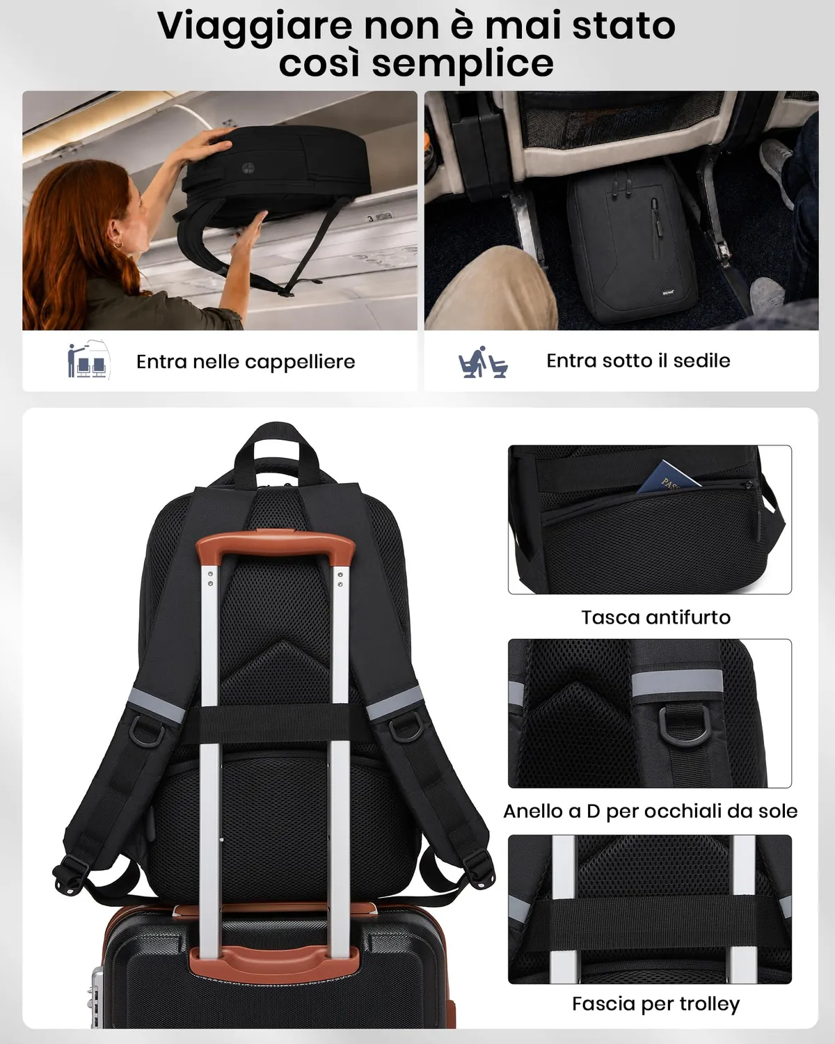 Kono zaino porta PC 15,6 pollici nero antifurto